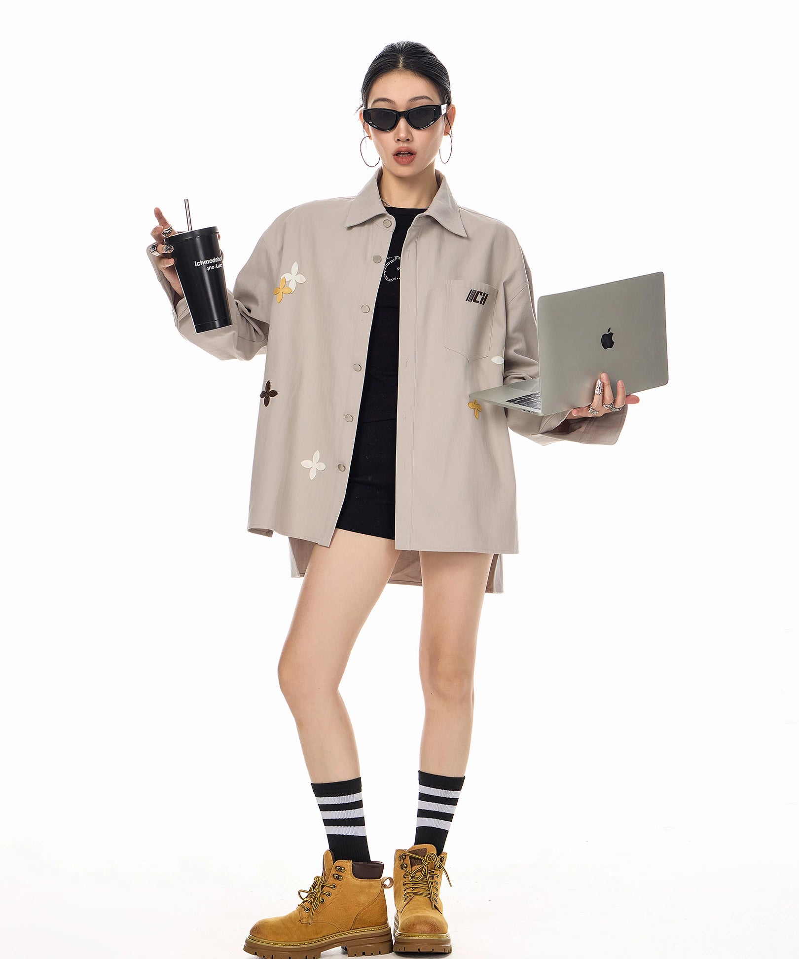 ICH MODE 美式复古刺绣长袖衬衫女2025新款宽松衬衣休闲开衫外套