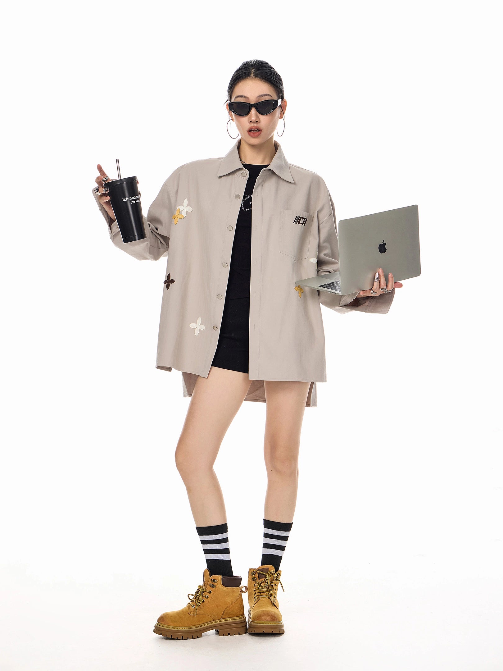 ICH MODE 美式复古刺绣长袖衬衫女2025新款宽松衬衣休闲开衫外套