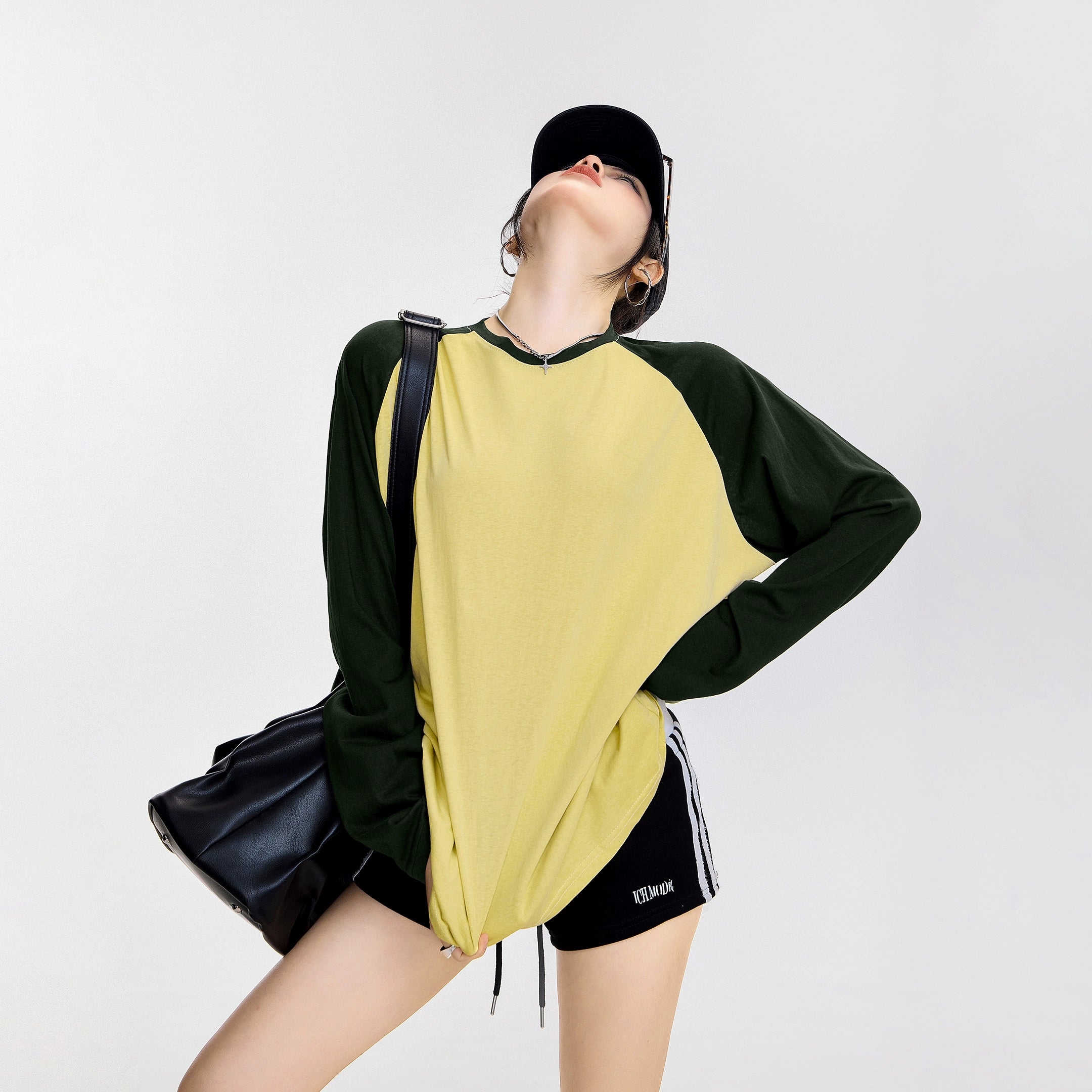 ICH MODE 美式复古插肩袖长袖T恤女夏季新款宽松拼接撞色圆领上衣