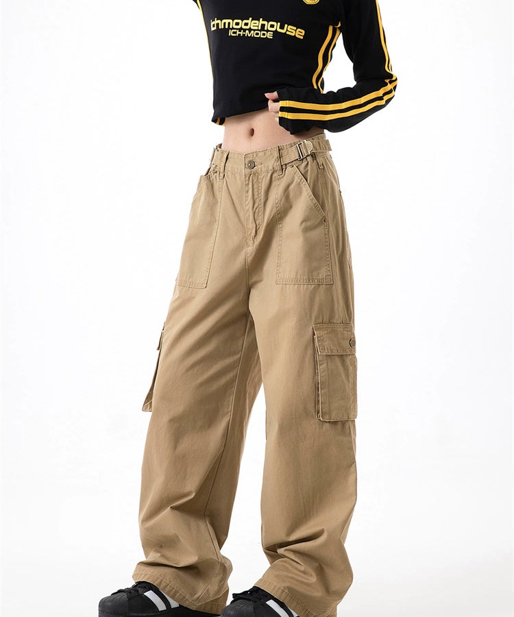 ICH MODE 美式复古口袋工装裤女2025新款秋宽松直筒阔腿休闲裤