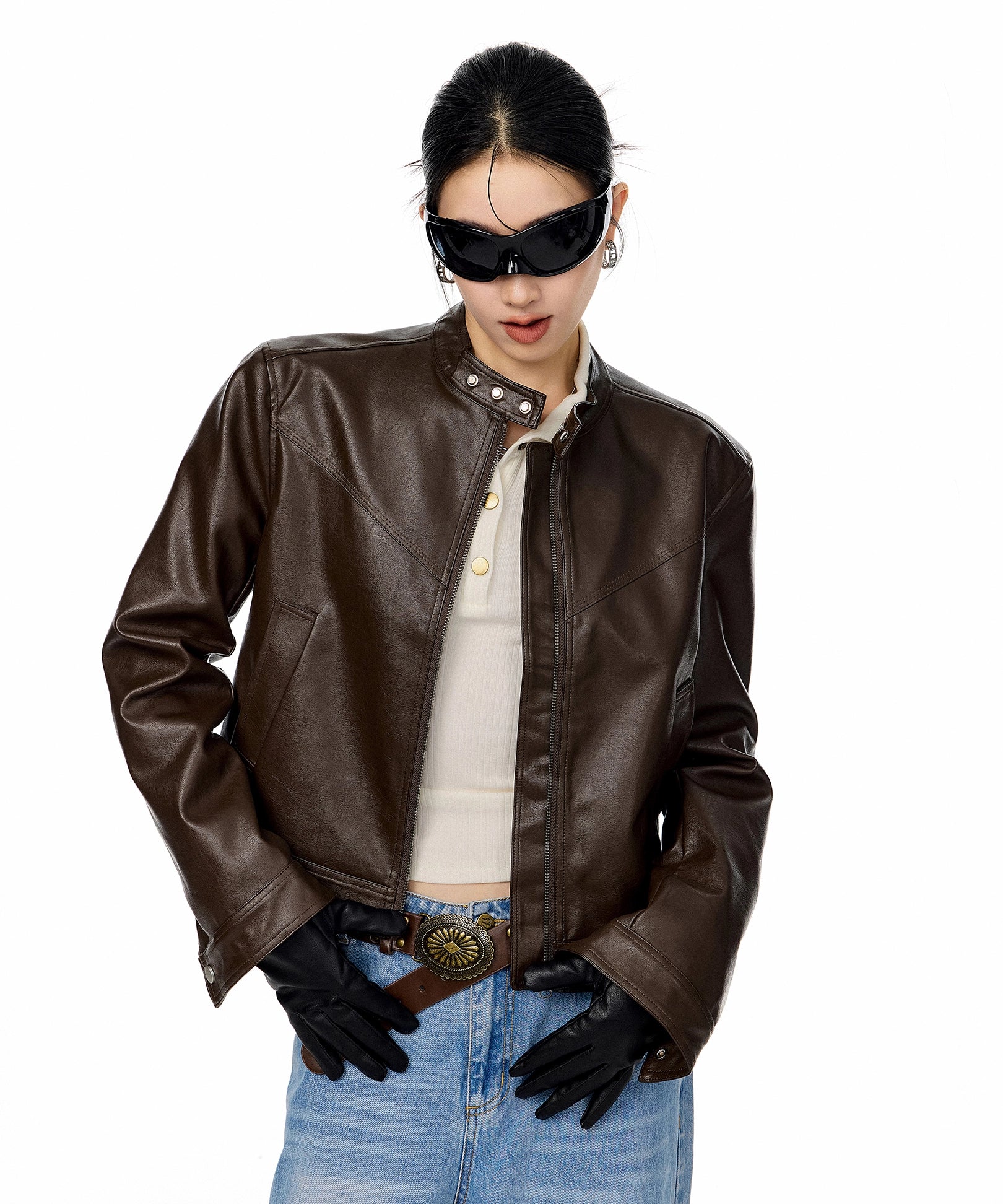 ICH MODE 美式复古短款机车皮衣外套女秋冬酷飒风流行皮夹克上衣