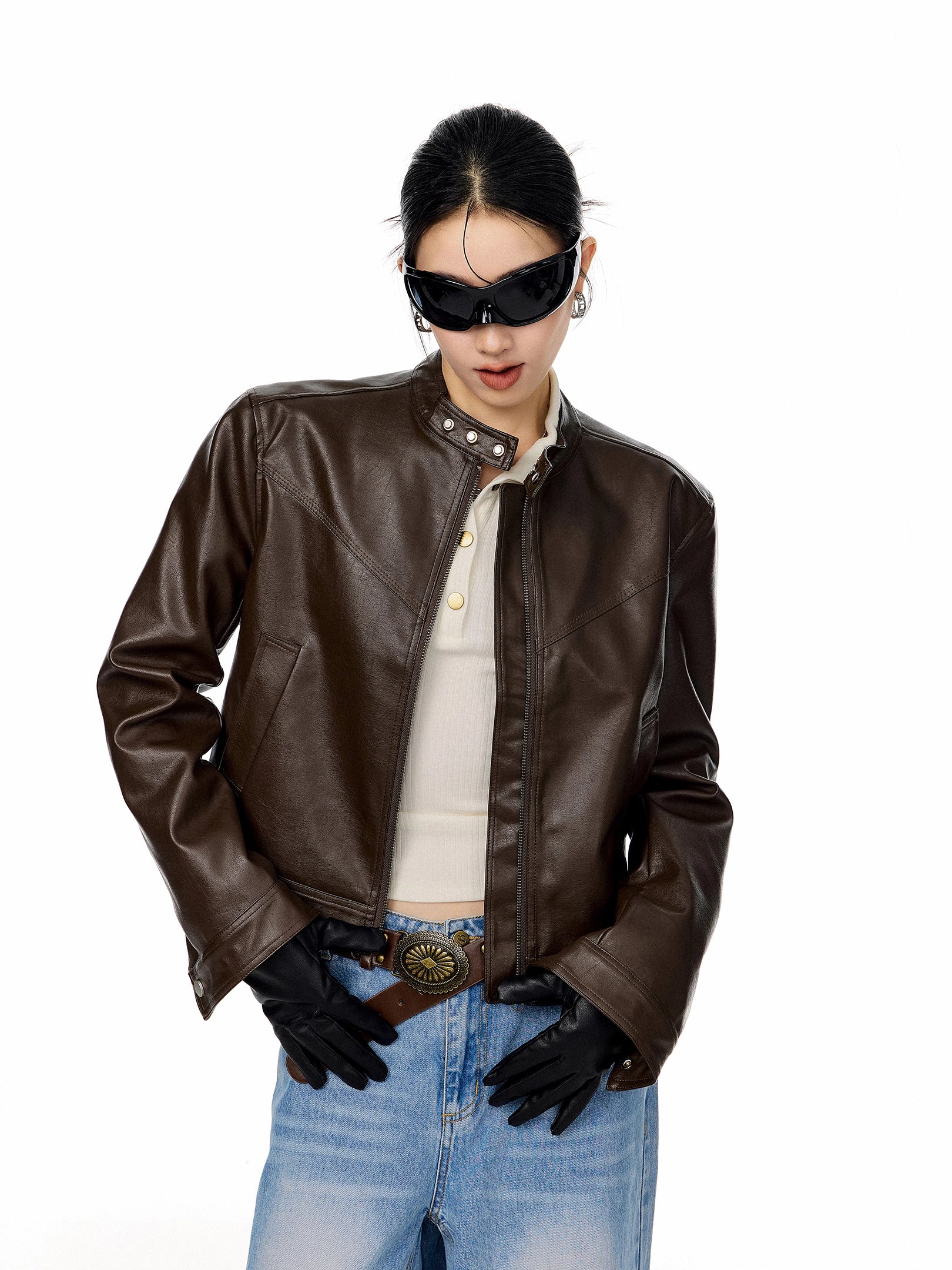 ICH MODE 美式复古短款机车皮衣外套女秋冬酷飒风流行皮夹克上衣