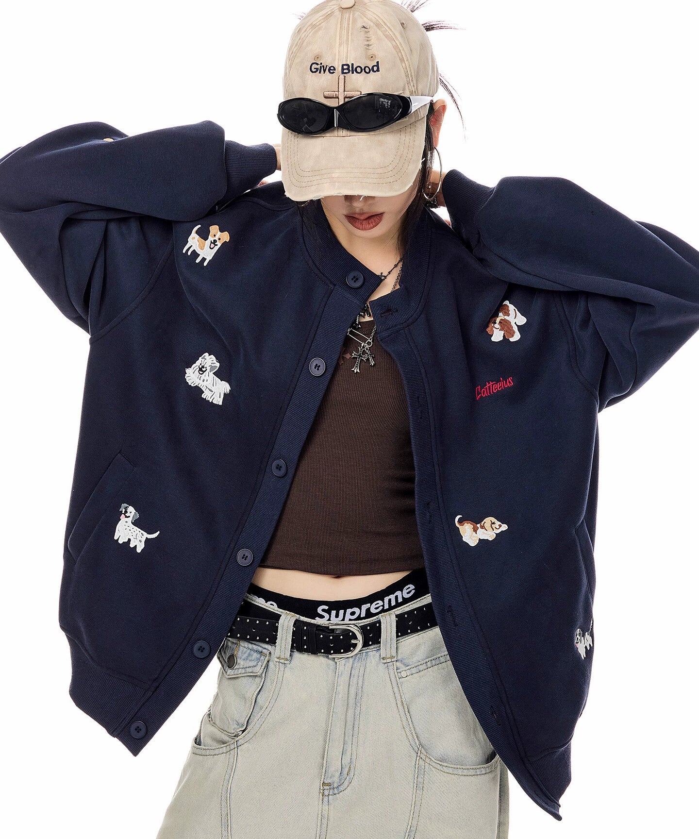 ICH MODE 美式复古小狗刺绣棒球领外套女2025秋冬季卫衣开衫上衣