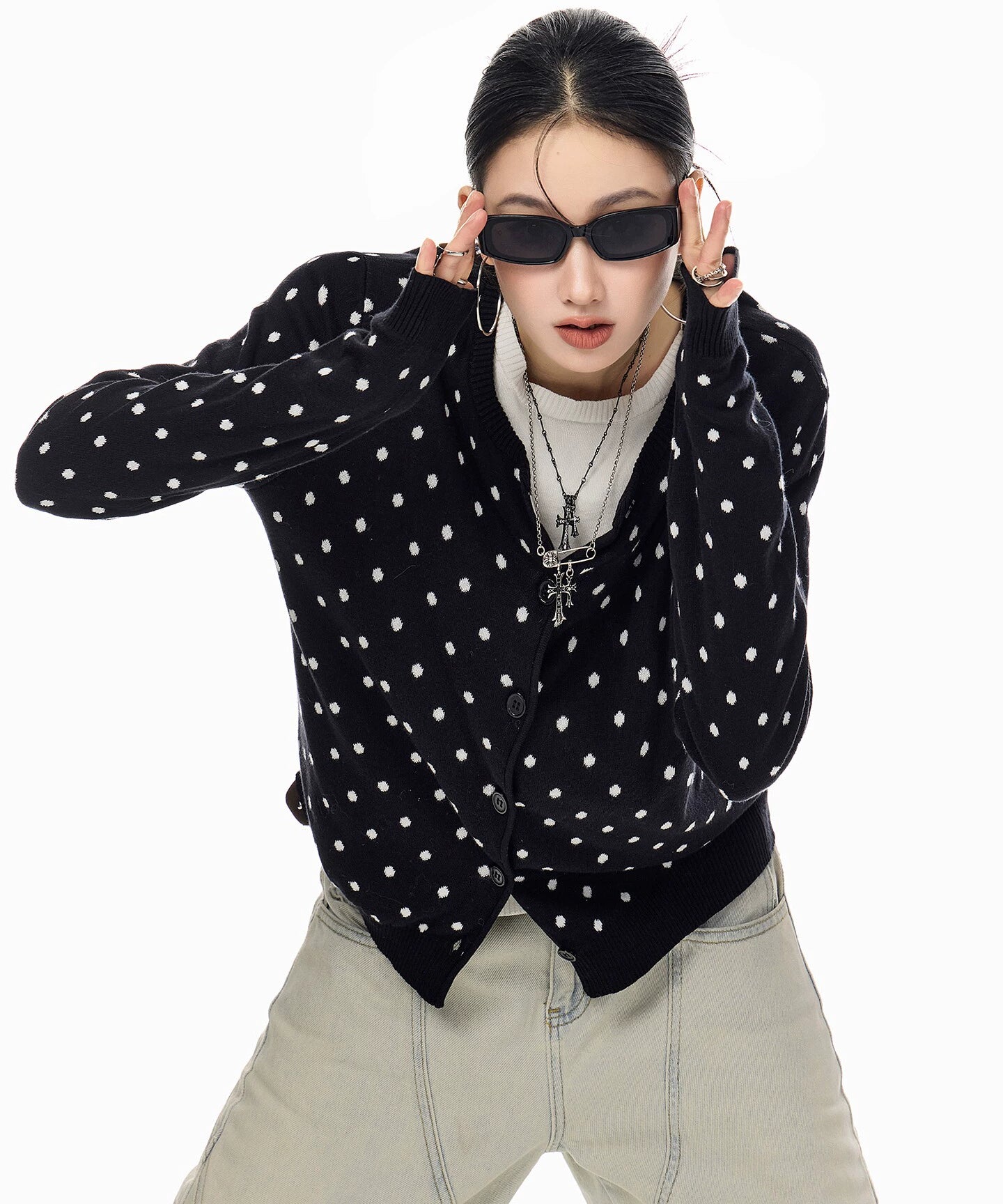 ICH MODE 美式复古修身波点针织开衫女2025新款秋冬慵懒毛衣外套