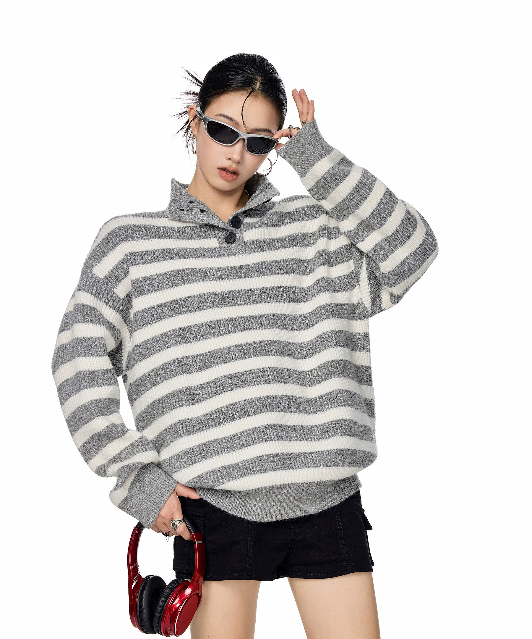 ICH MODE 美式复古POLO领条纹针织衫女秋冬宽松高领毛衣打底上衣