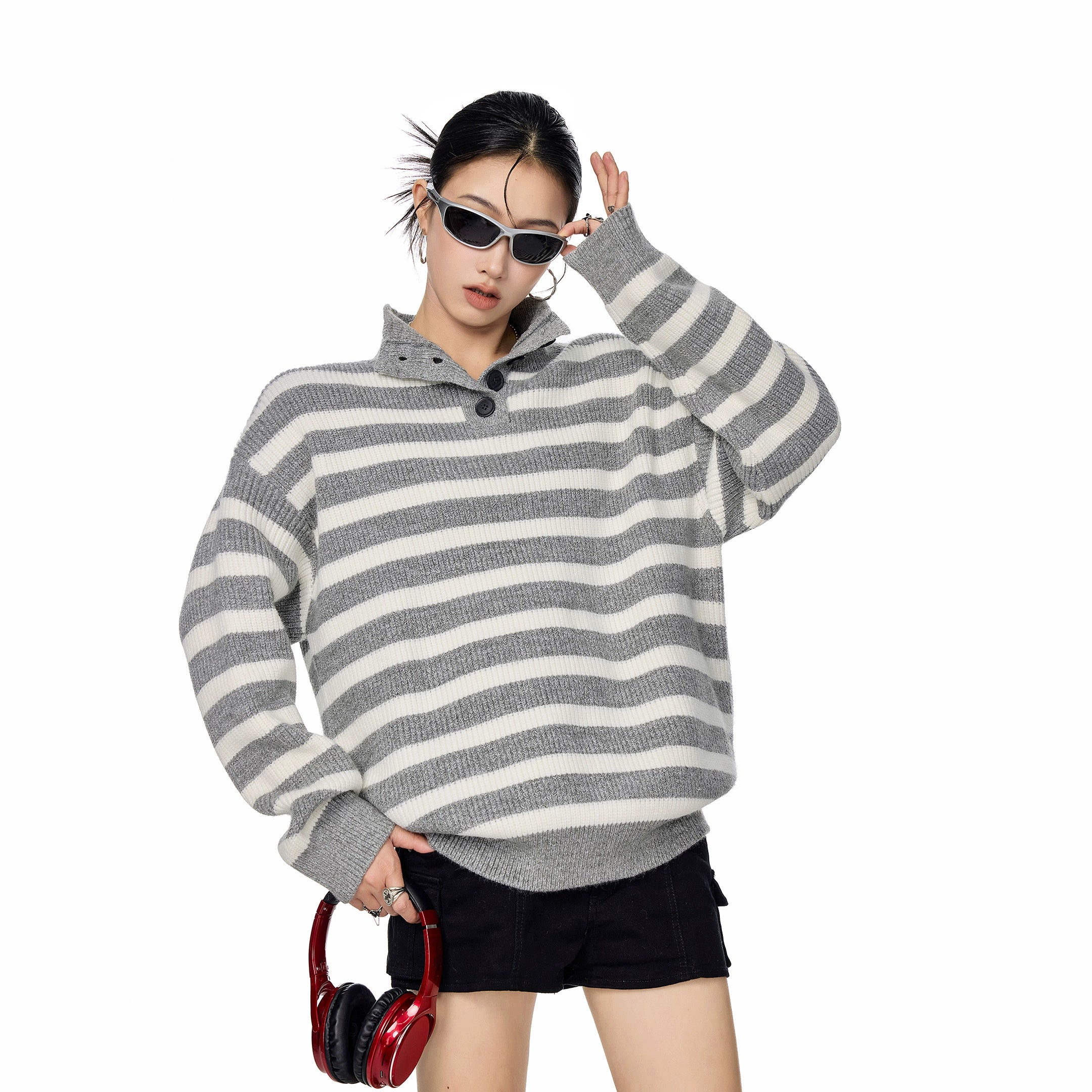 ICH MODE 美式复古POLO领条纹针织衫女秋冬宽松高领毛衣打底上衣