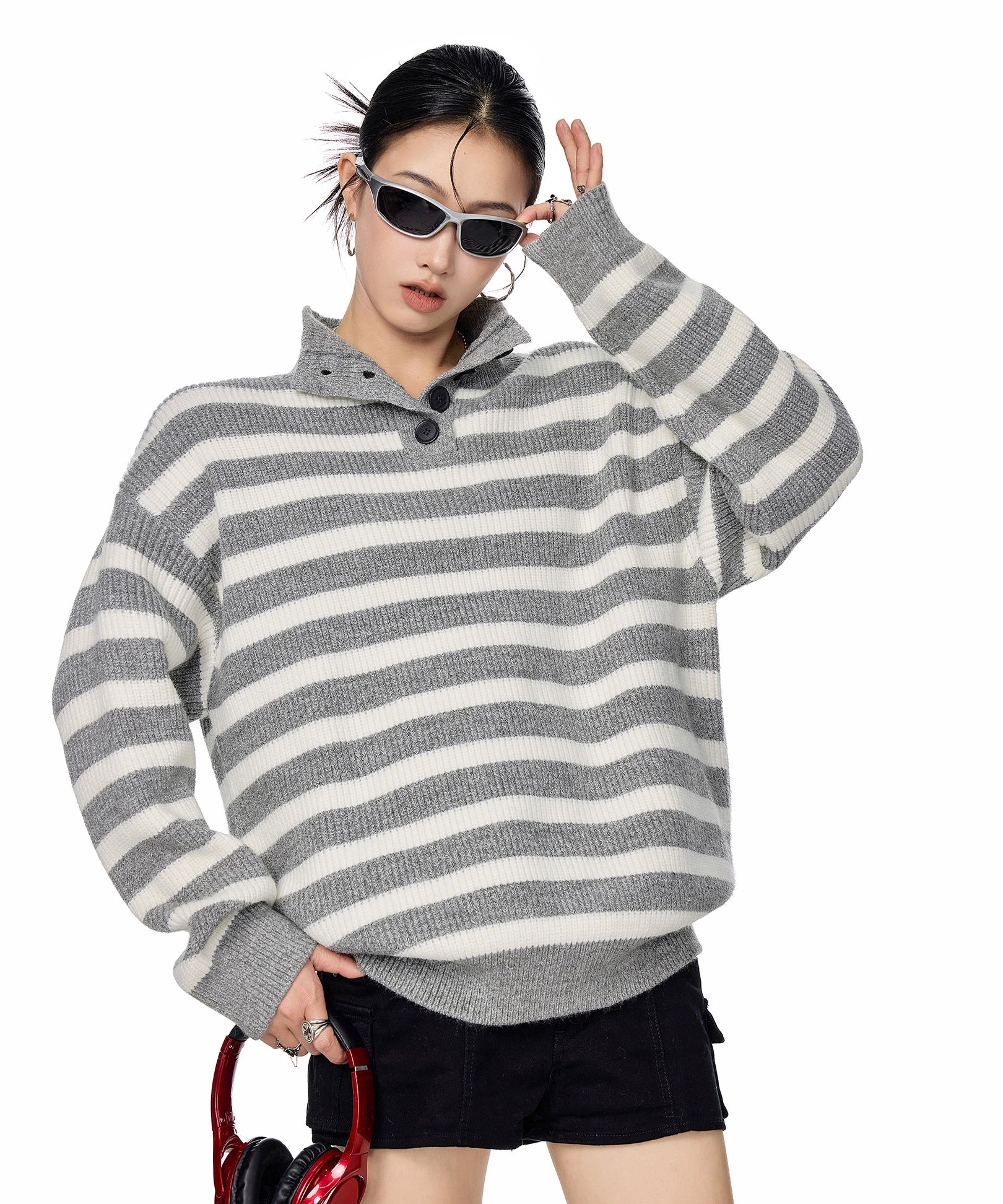 ICH MODE 美式复古POLO领条纹针织衫女秋冬宽松高领毛衣打底上衣