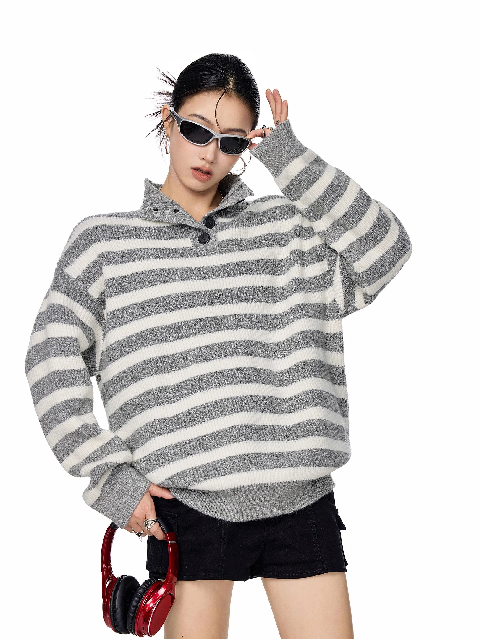 ICH MODE 美式复古POLO领条纹针织衫女秋冬宽松高领毛衣打底上衣