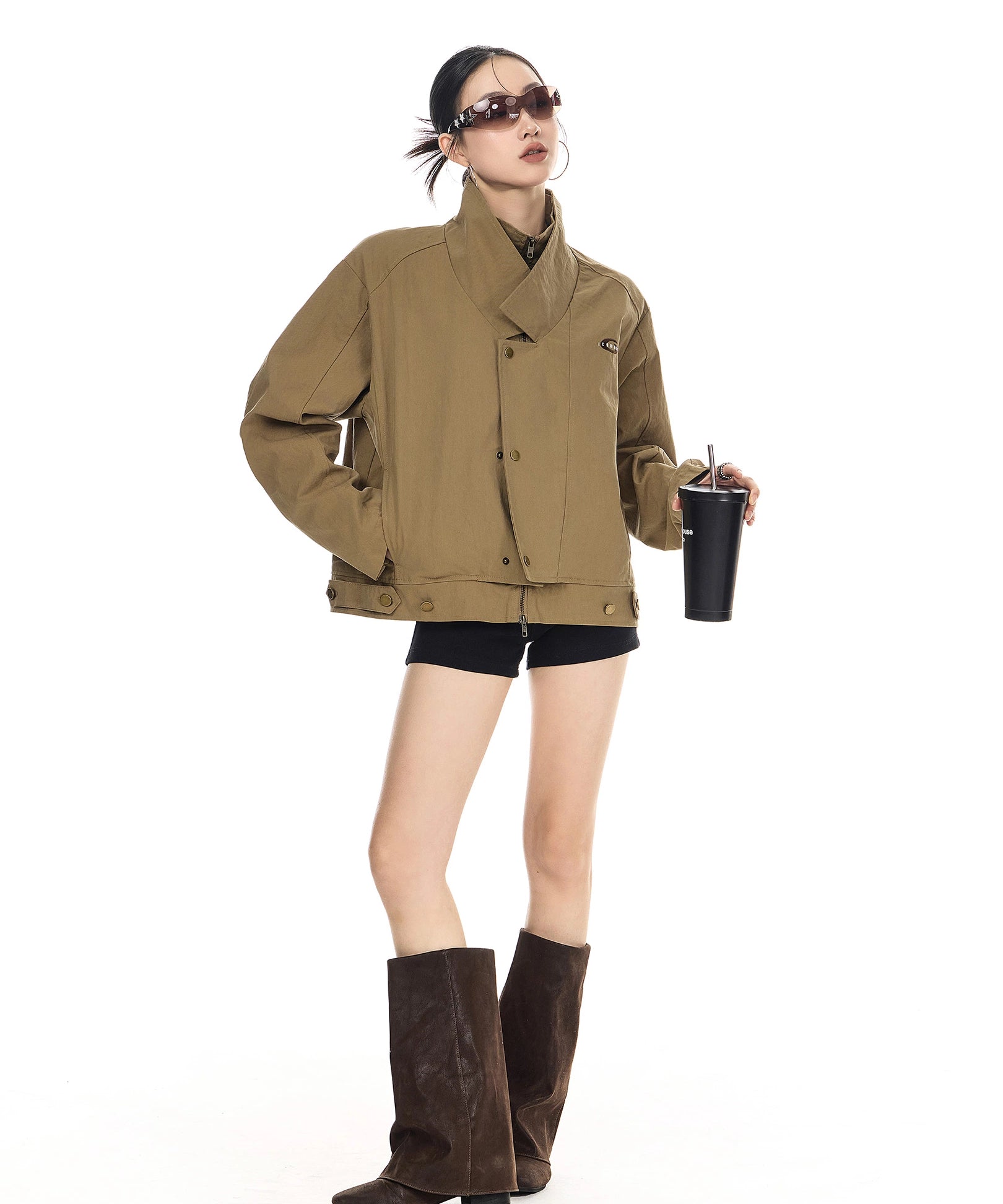 ICH MODE 美式复古假两件短款风衣外套女秋冬巴恩风开衫翻领夹克