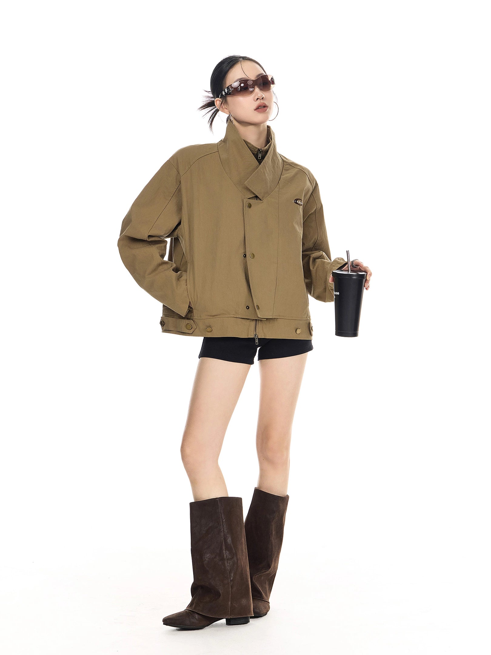 ICH MODE 美式复古假两件短款风衣外套女秋冬巴恩风开衫翻领夹克