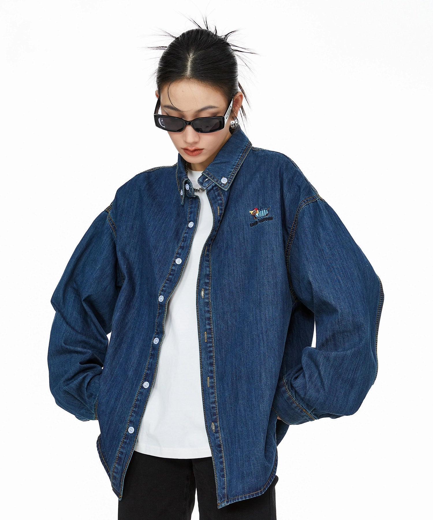 ICH MODE 美式复古刺绣长袖牛仔衬衫女秋冬百搭宽松休闲衬衣外套