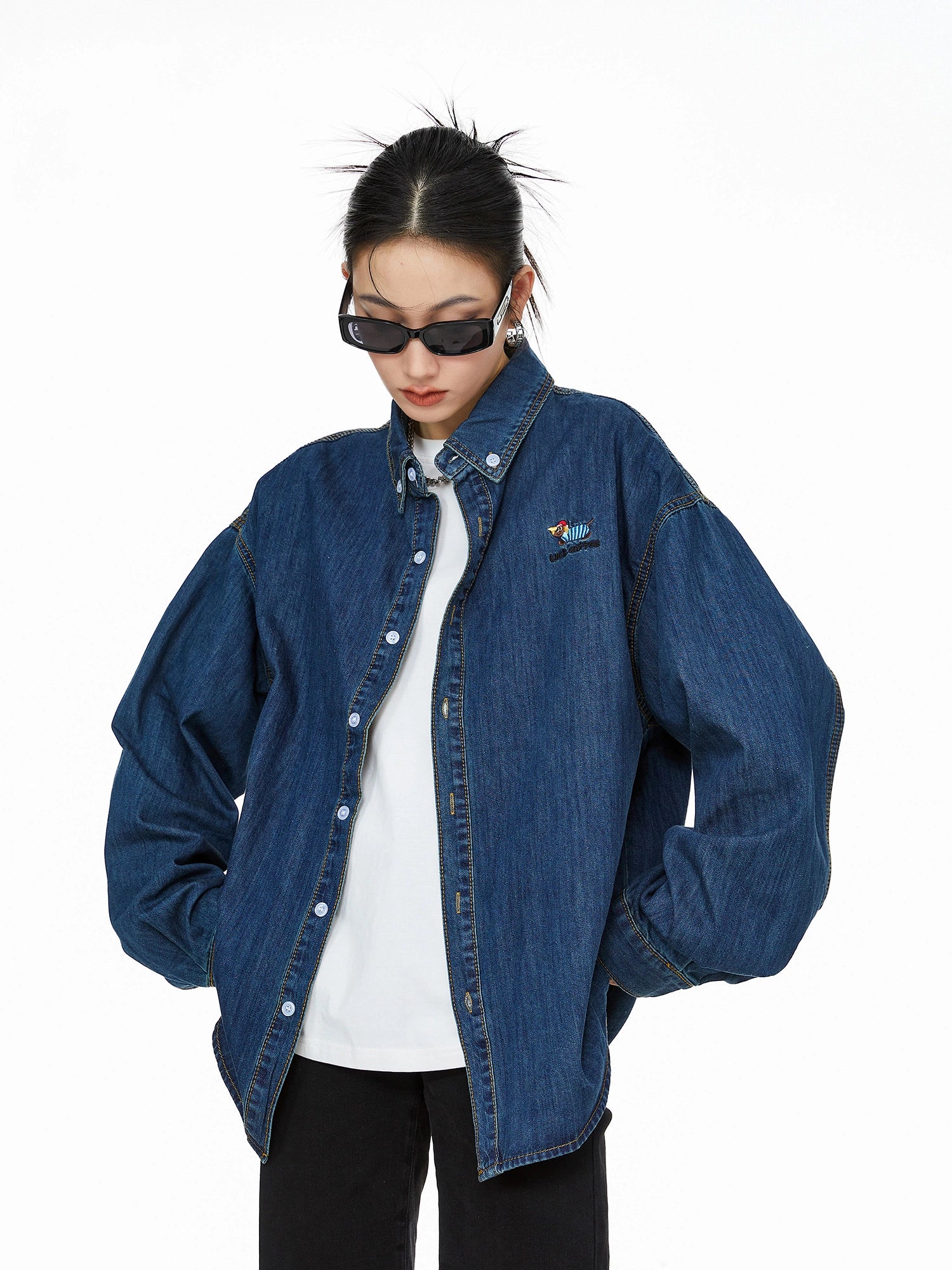 ICH MODE 美式复古刺绣长袖牛仔衬衫女秋冬百搭宽松休闲衬衣外套