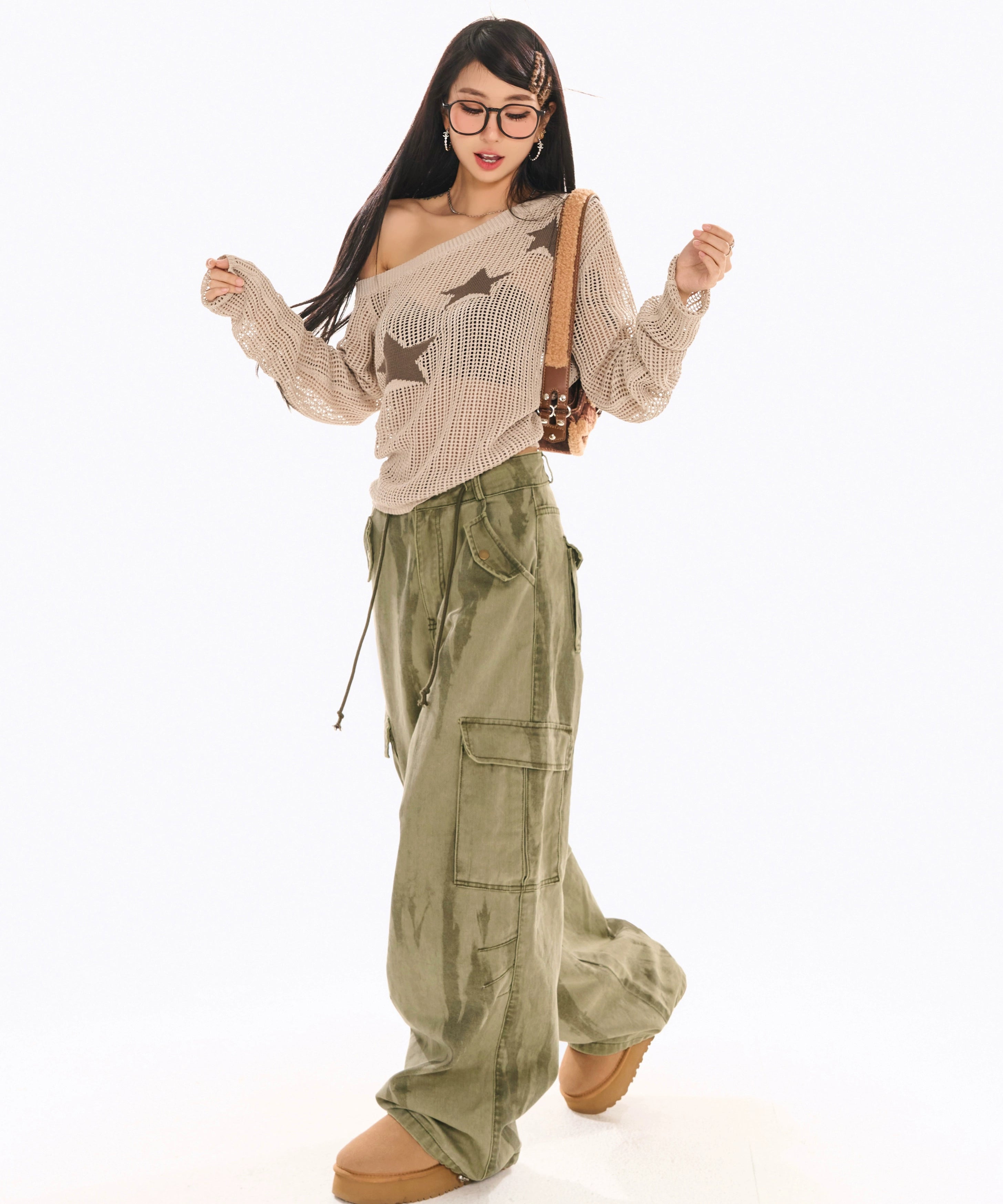 野生zerocircle卡其绿色工装裤女春美式宽松阔腿直筒休闲扎染裤子