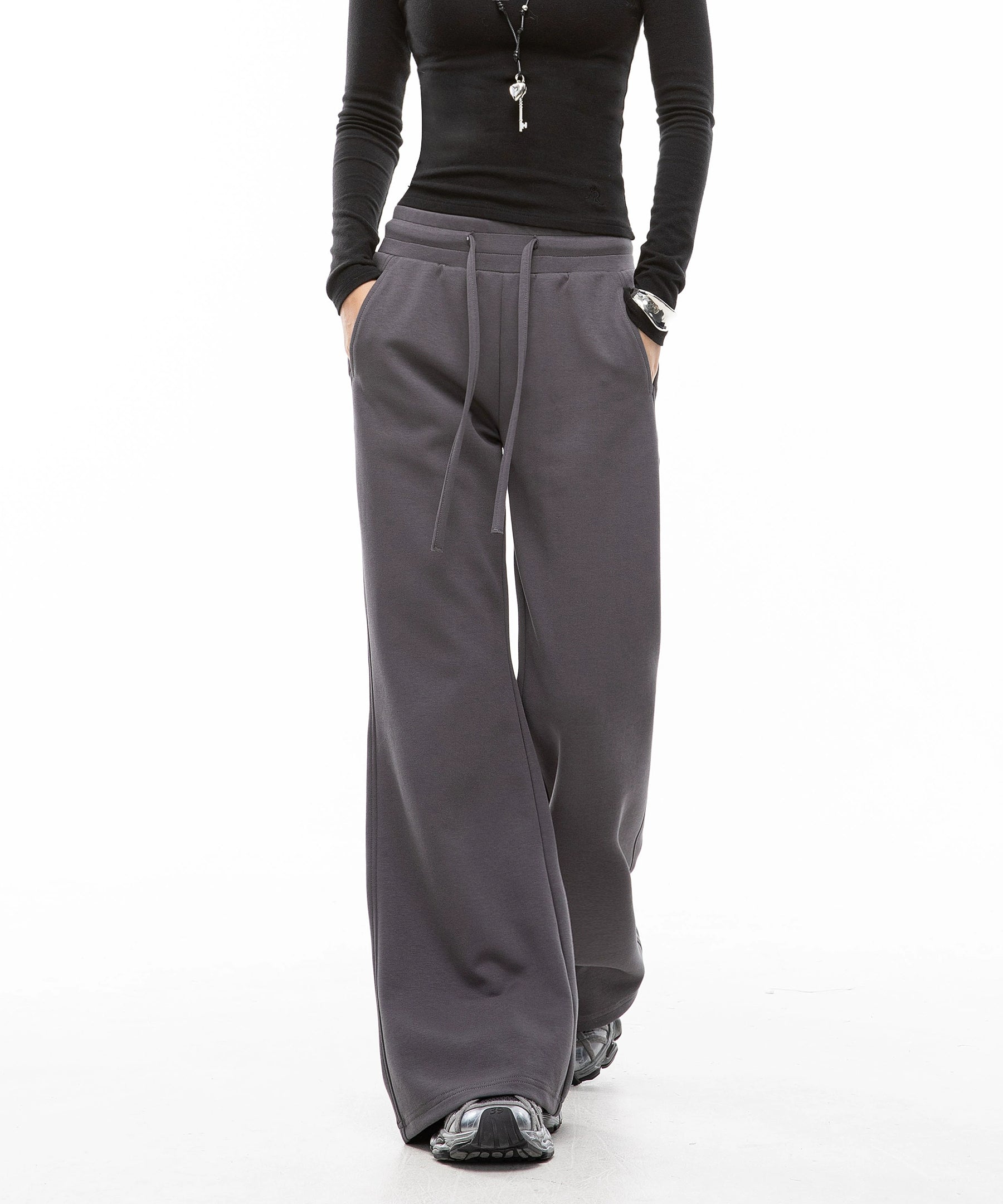 ICH MODE 美式复古微喇休闲裤女抽绳运动裤宽松直筒裤阔腿裤卫裤