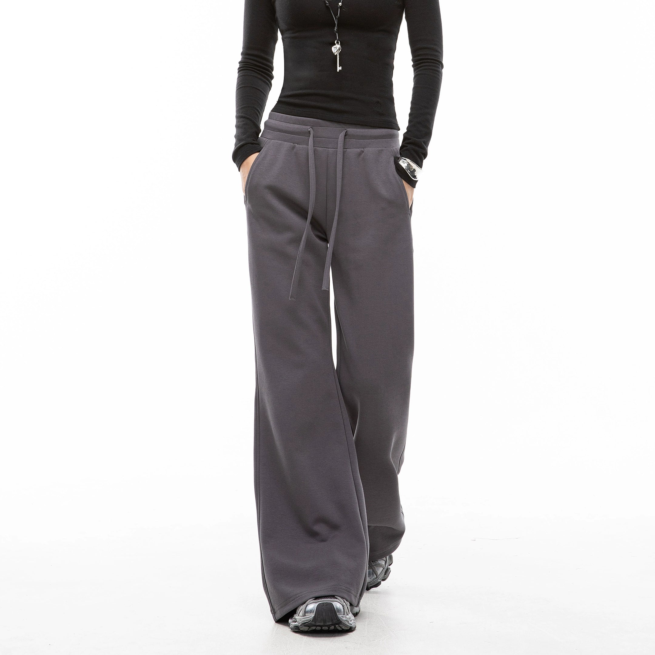 ICH MODE 美式复古微喇休闲裤女抽绳运动裤宽松直筒裤阔腿裤卫裤