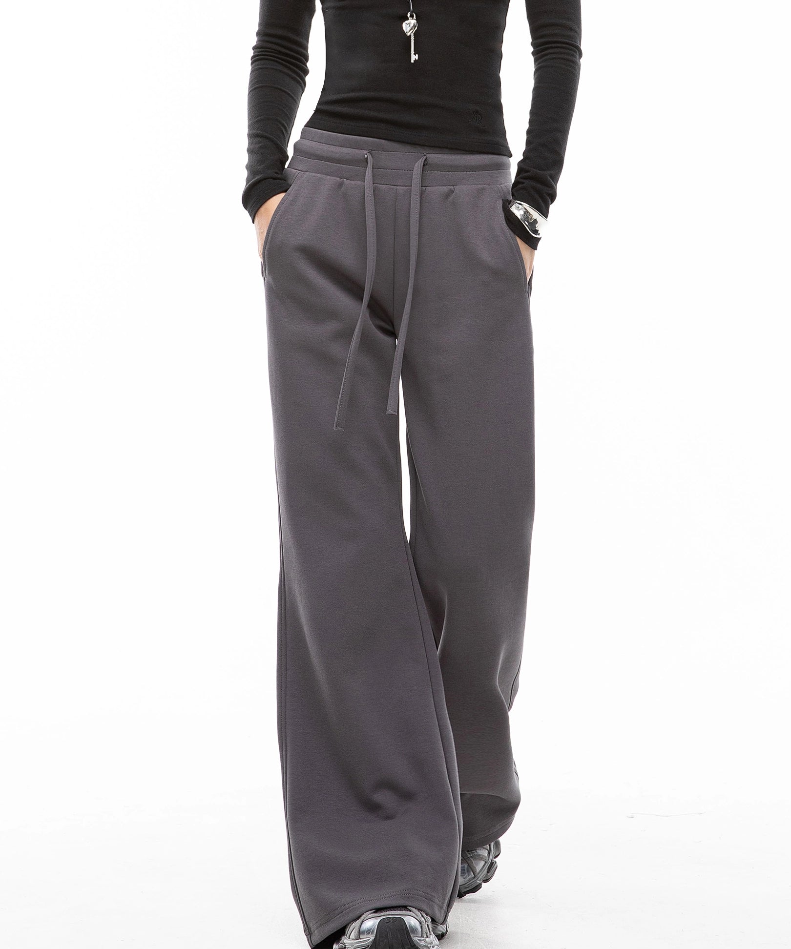 ICH MODE 美式复古微喇休闲裤女抽绳运动裤宽松直筒裤阔腿裤卫裤