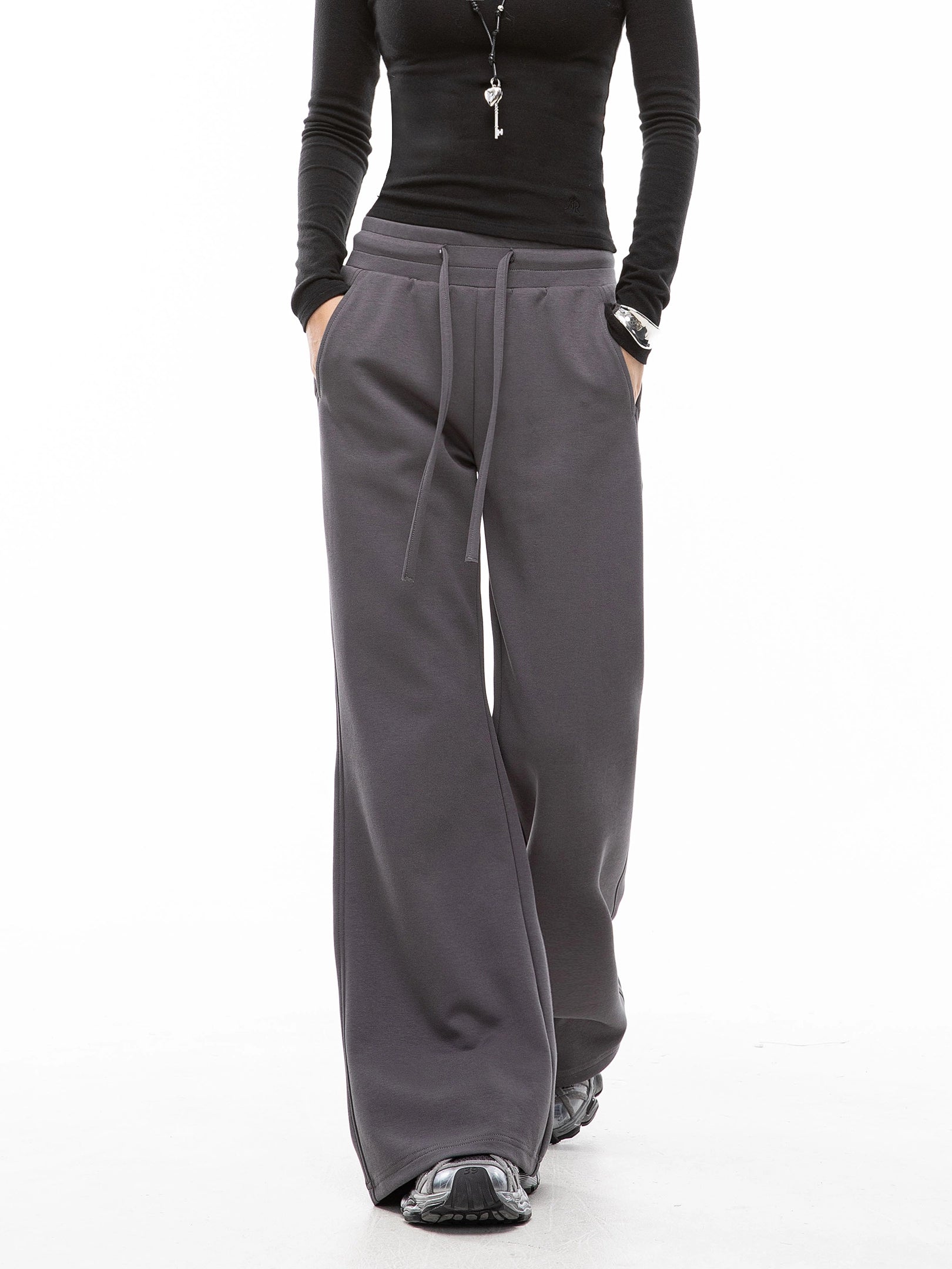 ICH MODE 美式复古微喇休闲裤女抽绳运动裤宽松直筒裤阔腿裤卫裤