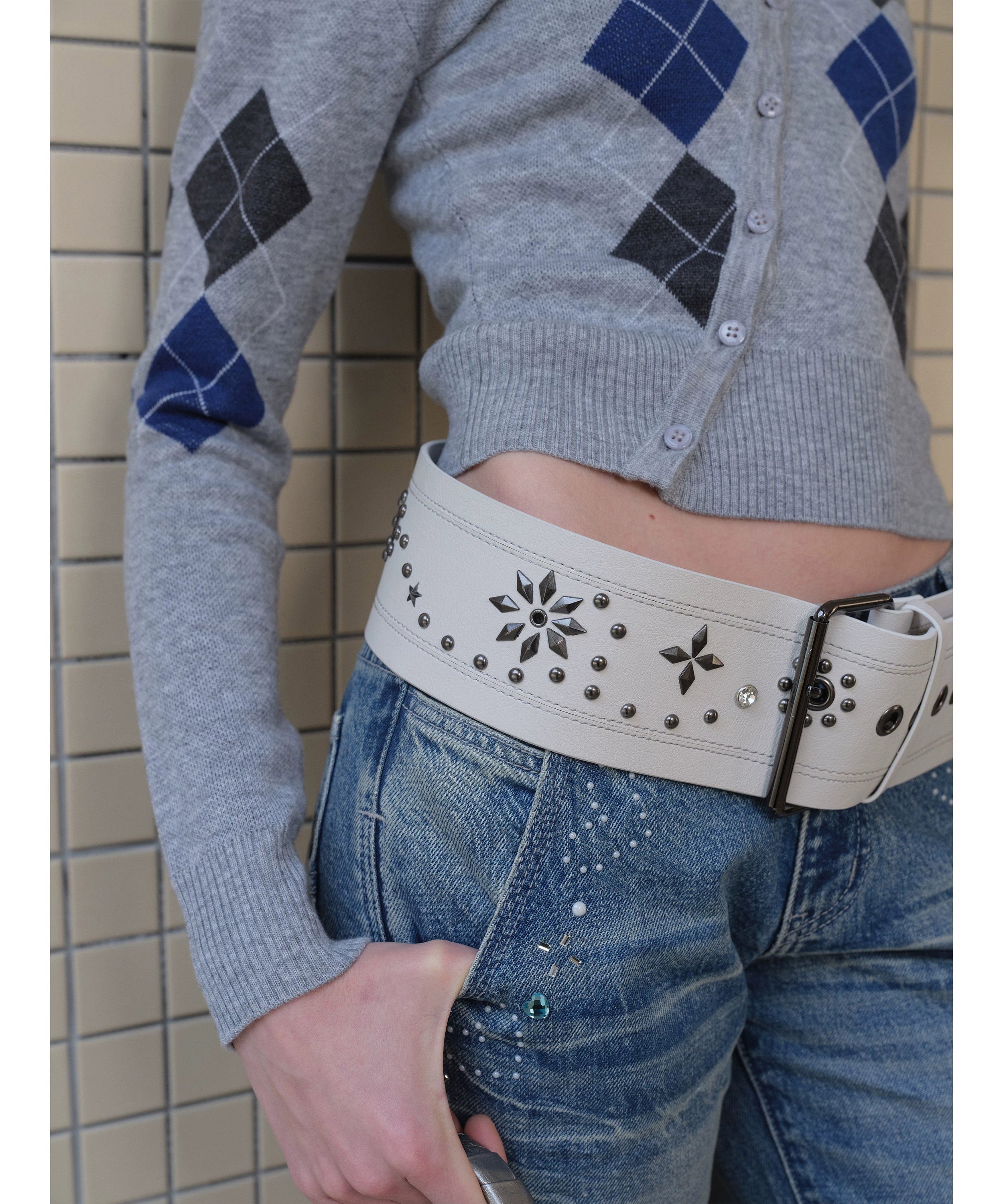 2th Desire朋克复古撞色小众设计感y2k辣妹铆钉钻石钉镶嵌宽腰带