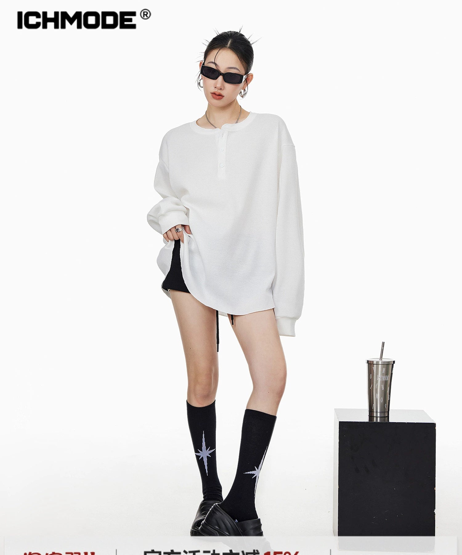 ICH MODE 美式亨利领长袖T恤女2025年夏季新款华夫格宽松休闲罩衫