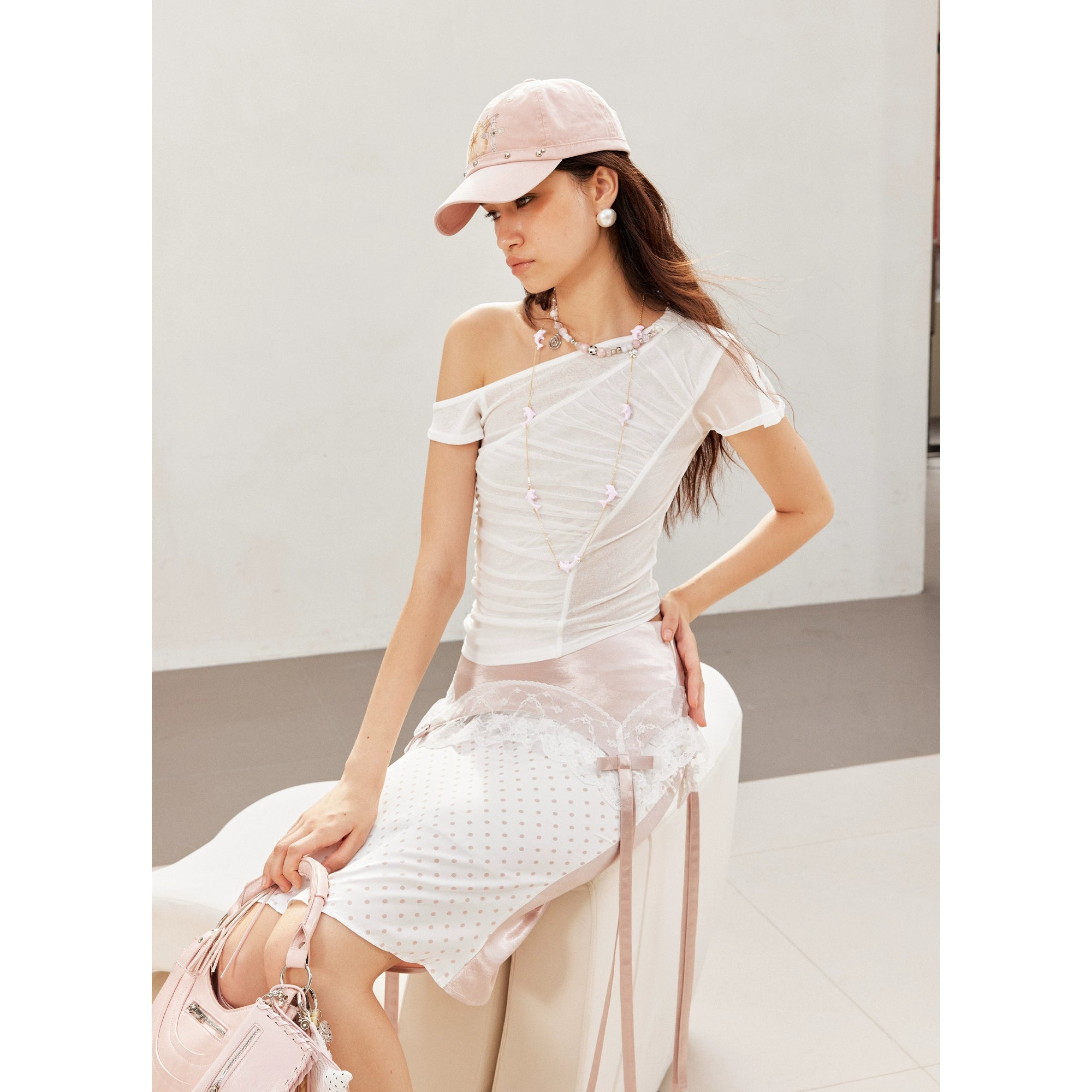 2th Desire可拆卸项链网纱拼接不对称荷叶边弹力修身斜肩短袖t恤