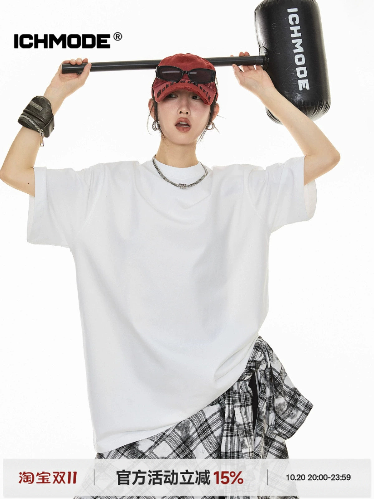 ICH MODE 美式300g重磅正肩白色短袖T恤女夏季宽松纯色半袖上衣