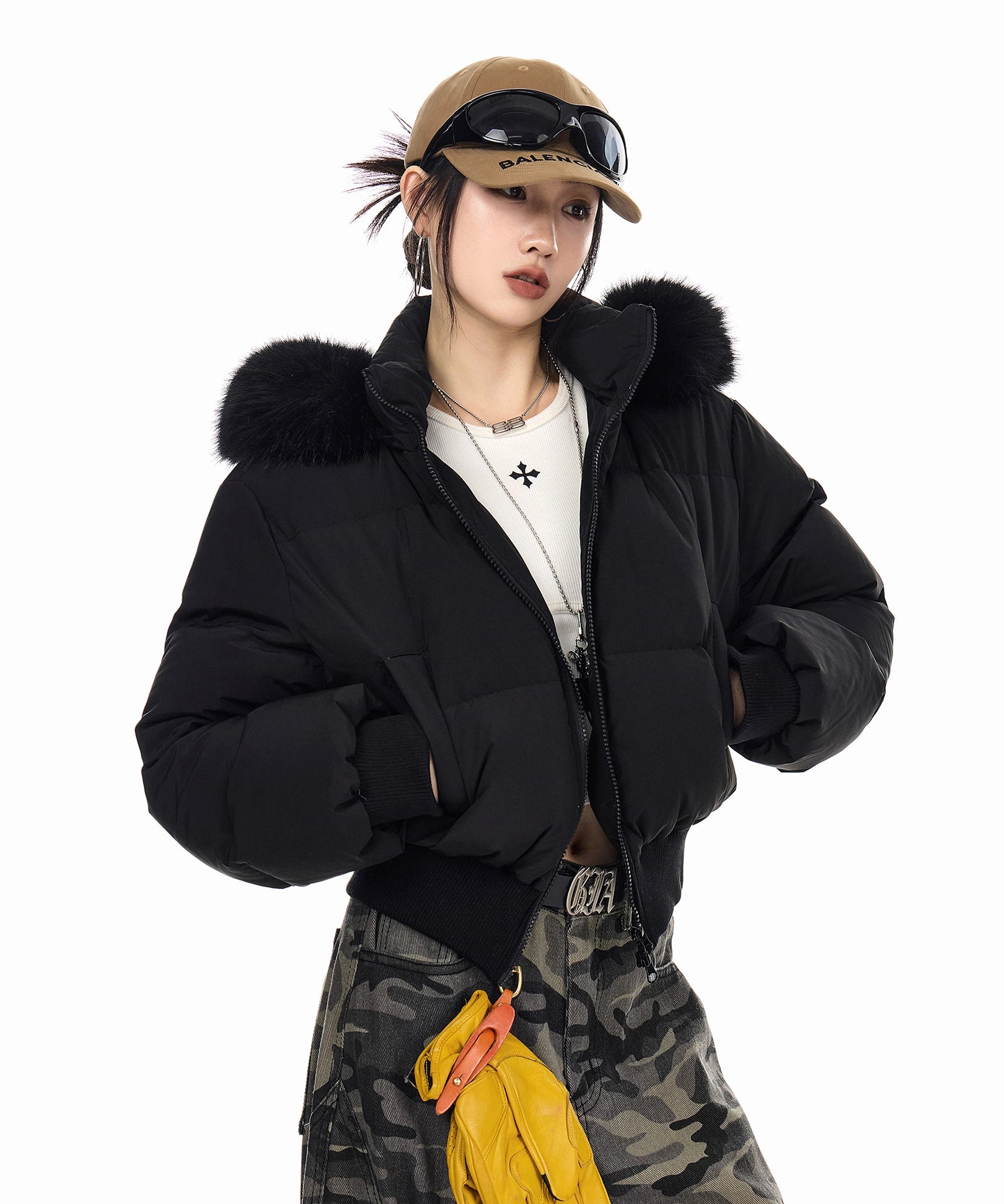 ICH MODE 美式复古大毛领连帽棉服女2025新款秋冬季修身开衫棉袄