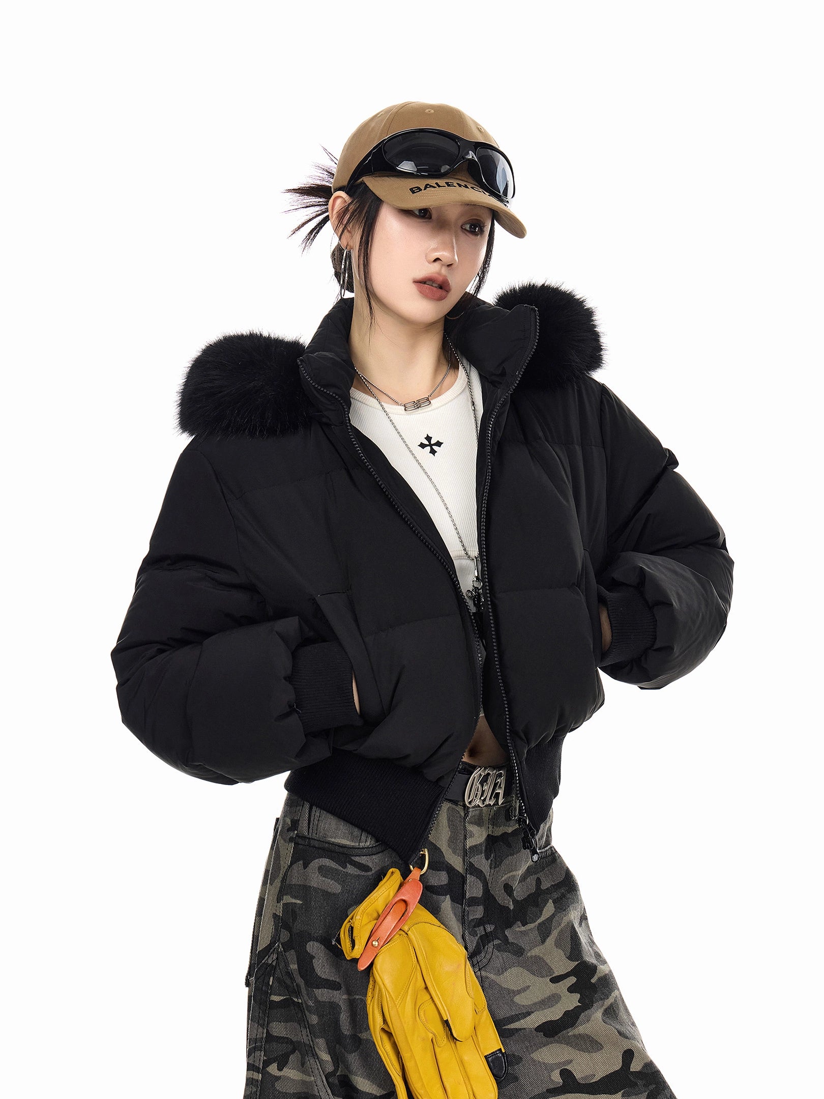 ICH MODE 美式复古大毛领连帽棉服女2025新款秋冬季修身开衫棉袄