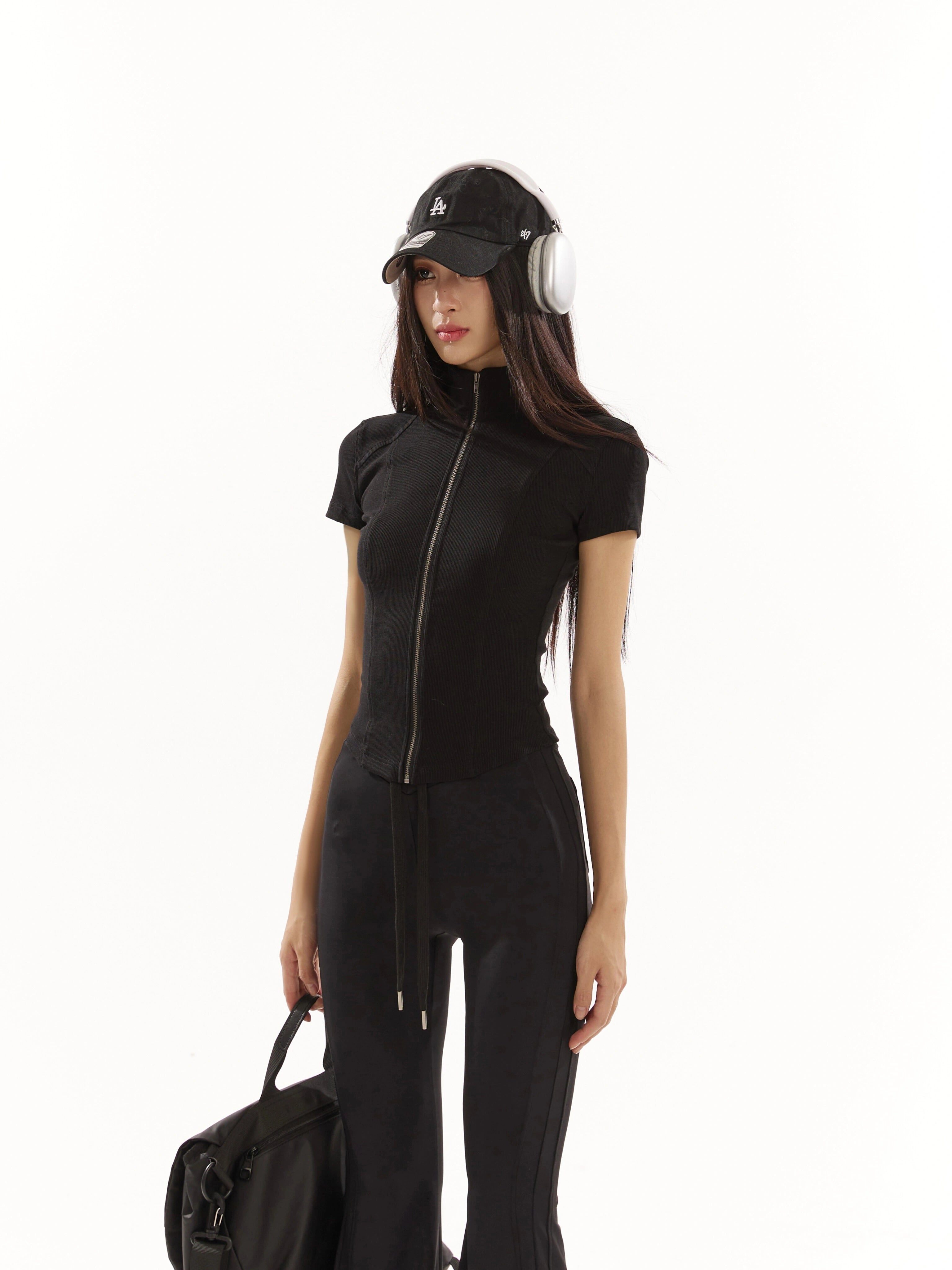 野生zero 黑灰色拉链开衫立领针织上衣女夏季修身显瘦正肩短袖t恤