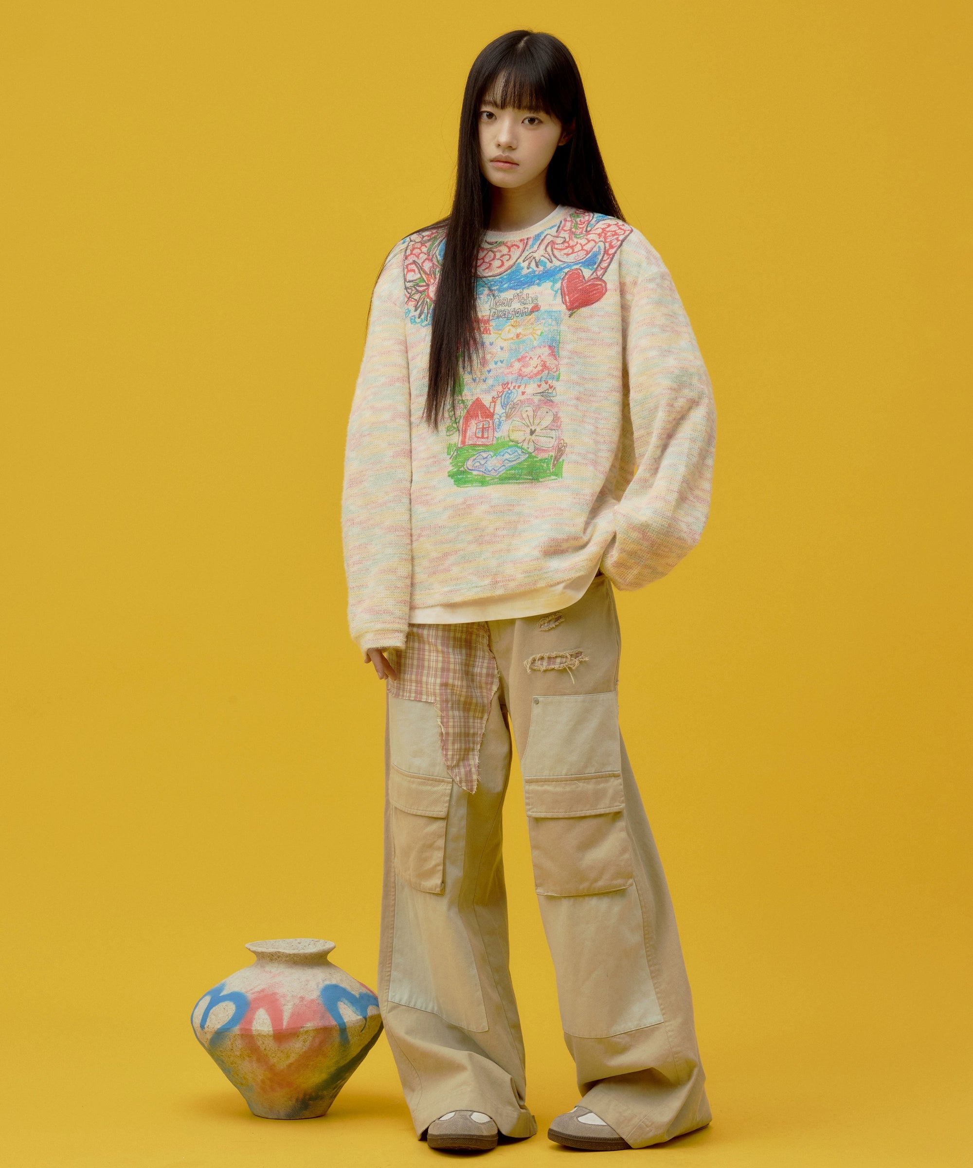 eeeeArtmonster“过肩龙”彩虹色长袖T恤打底上衣圆领套头针织衫