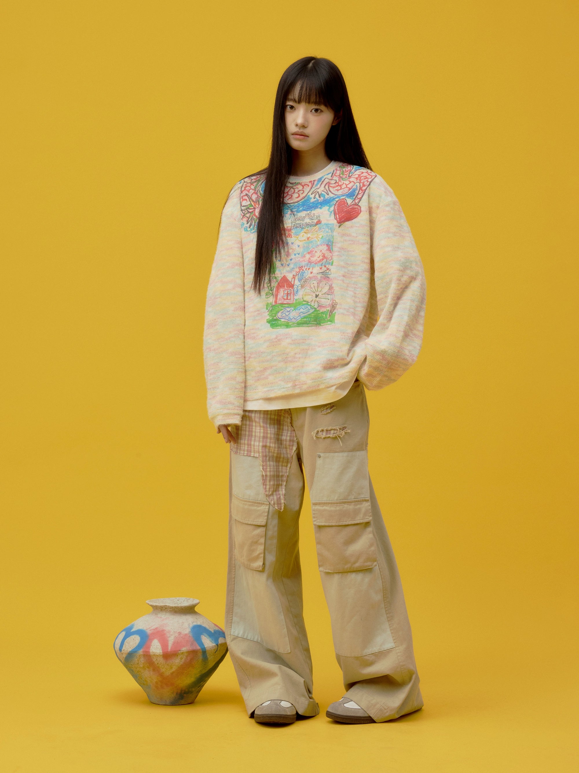 eeeeArtmonster“过肩龙”彩虹色长袖T恤打底上衣圆领套头针织衫