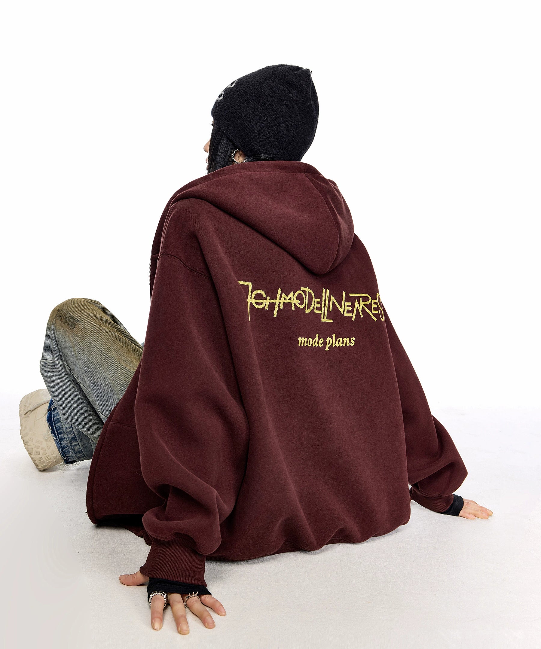 ICH MODE 美式复古刺绣连帽外套女秋冬宽松开衫卫衣休闲百搭上衣