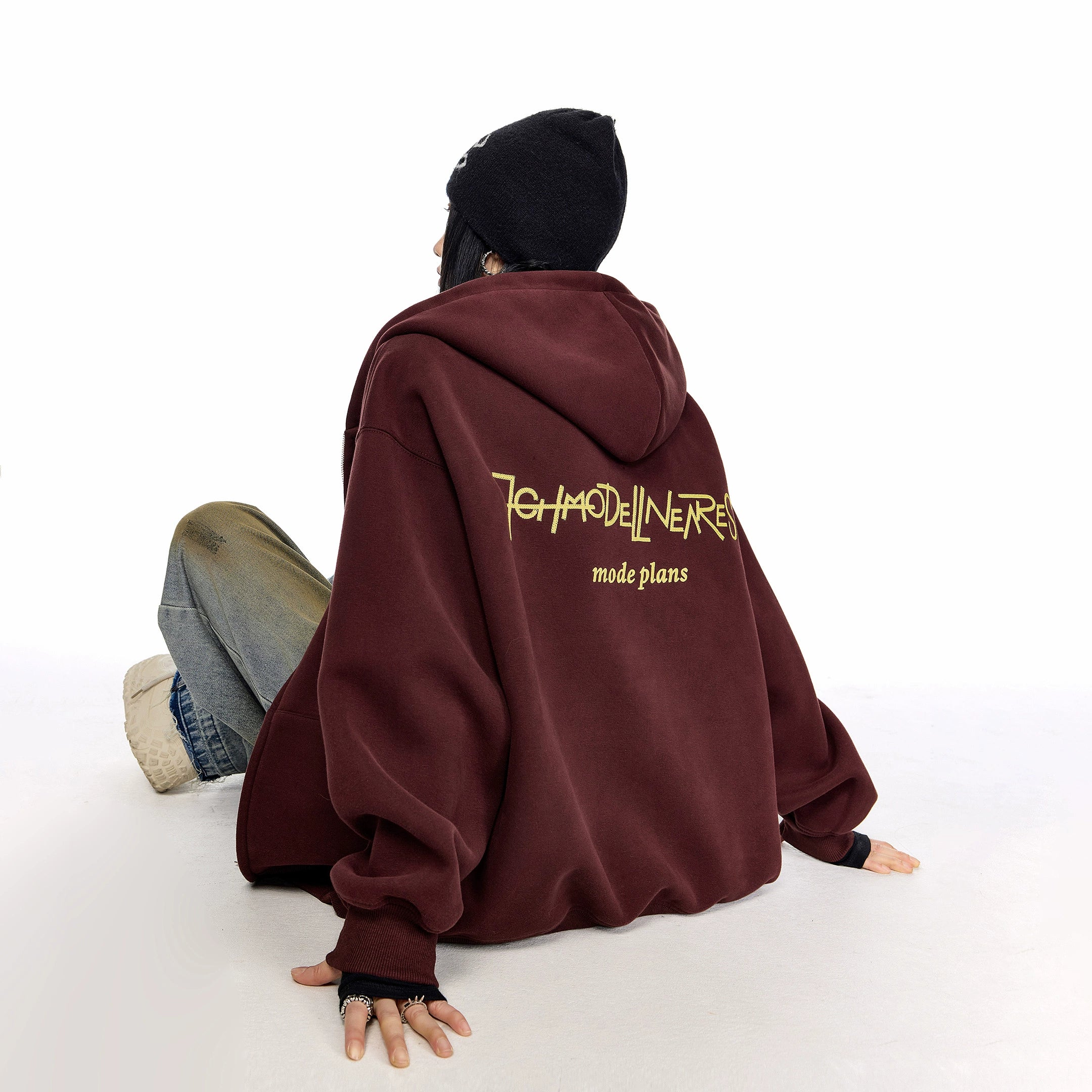 ICH MODE 美式复古刺绣连帽外套女秋冬宽松开衫卫衣休闲百搭上衣