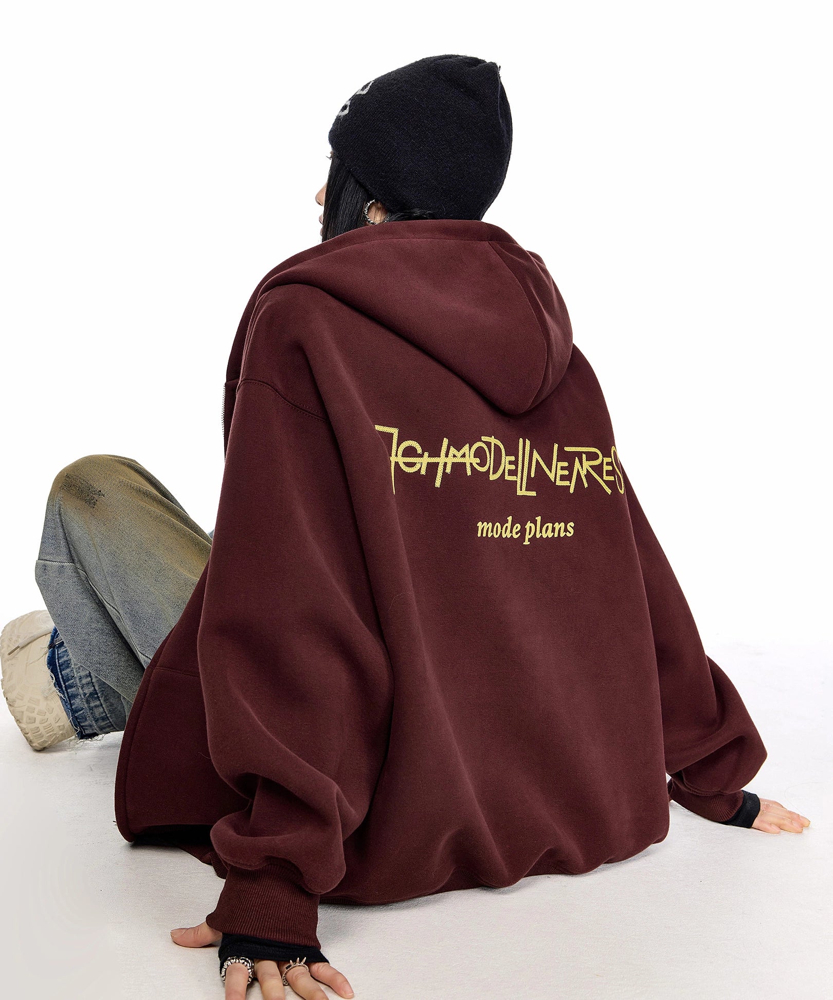 ICH MODE 美式复古刺绣连帽外套女秋冬宽松开衫卫衣休闲百搭上衣