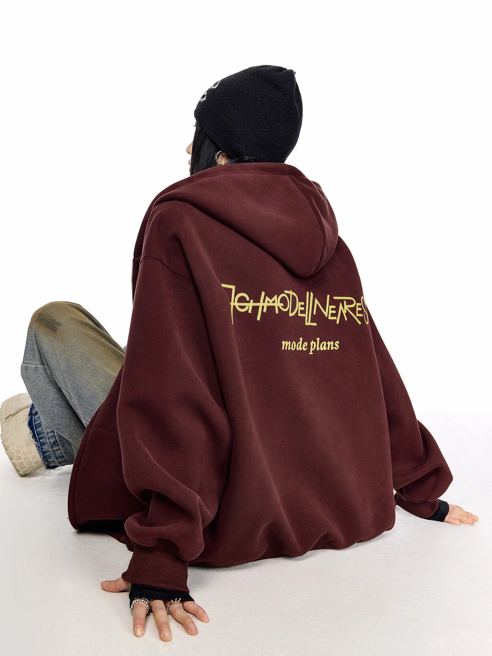 ICH MODE 美式复古刺绣连帽外套女秋冬宽松开衫卫衣休闲百搭上衣