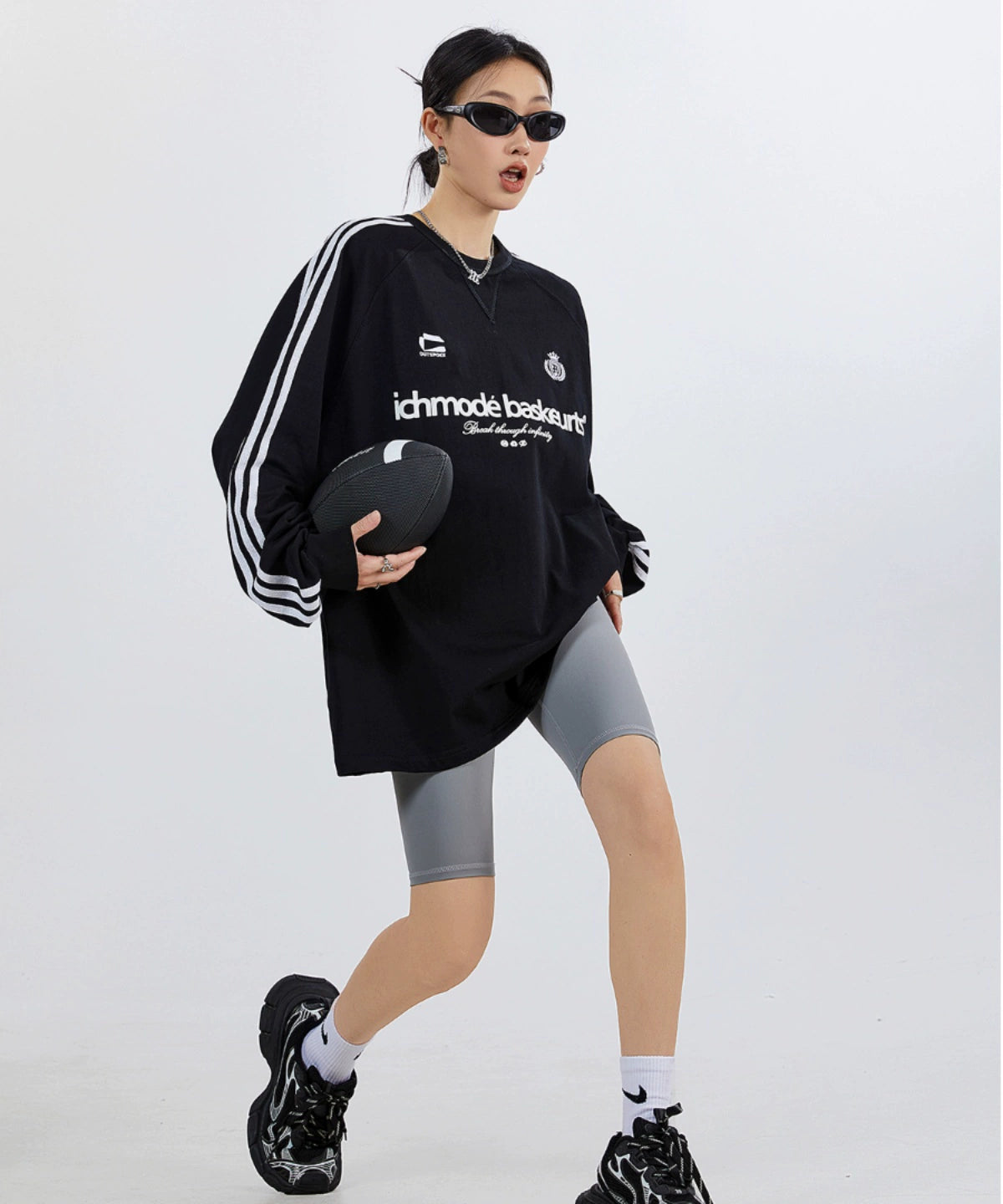 ICH MODE 270G美式复古条纹长袖T恤潮牌街头宽松休闲运动上衣女秋