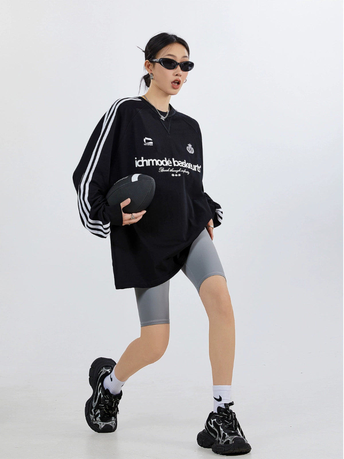 ICH MODE 270G美式复古条纹长袖T恤潮牌街头宽松休闲运动上衣女秋