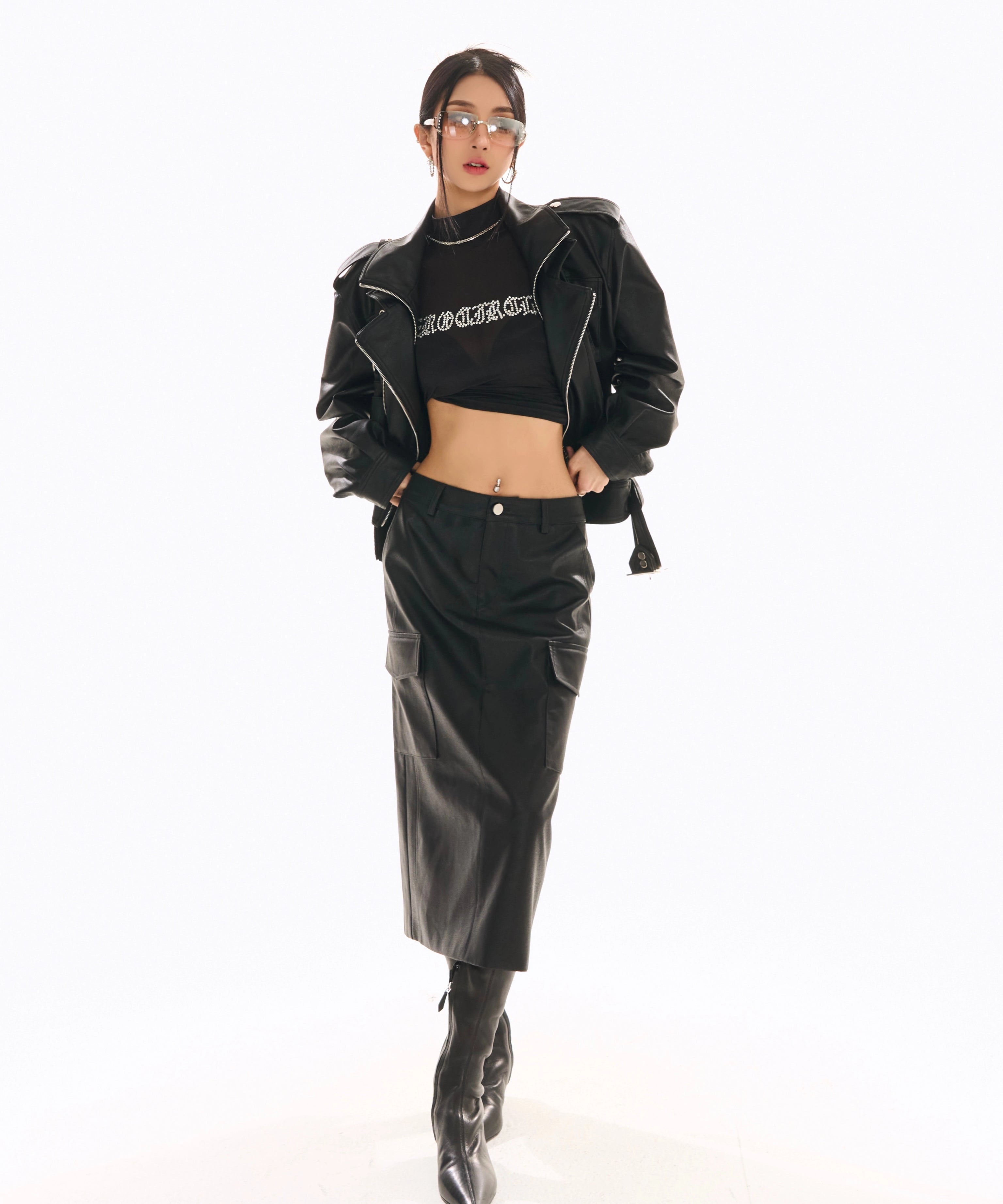 野生zerocircle黑色皮裙女秋辣妹显瘦小众开叉直筒中长款半身裙子