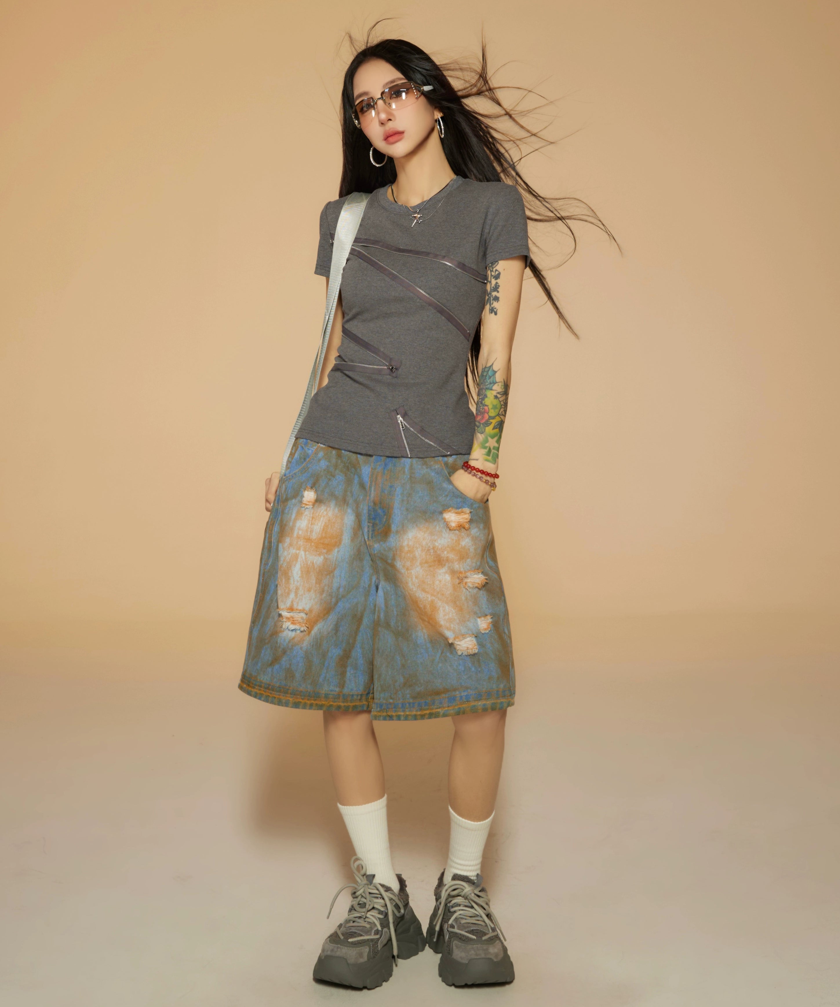 野生zerocircle复古蓝水洗低腰牛仔短裤女春小众显瘦宽松直筒裤子