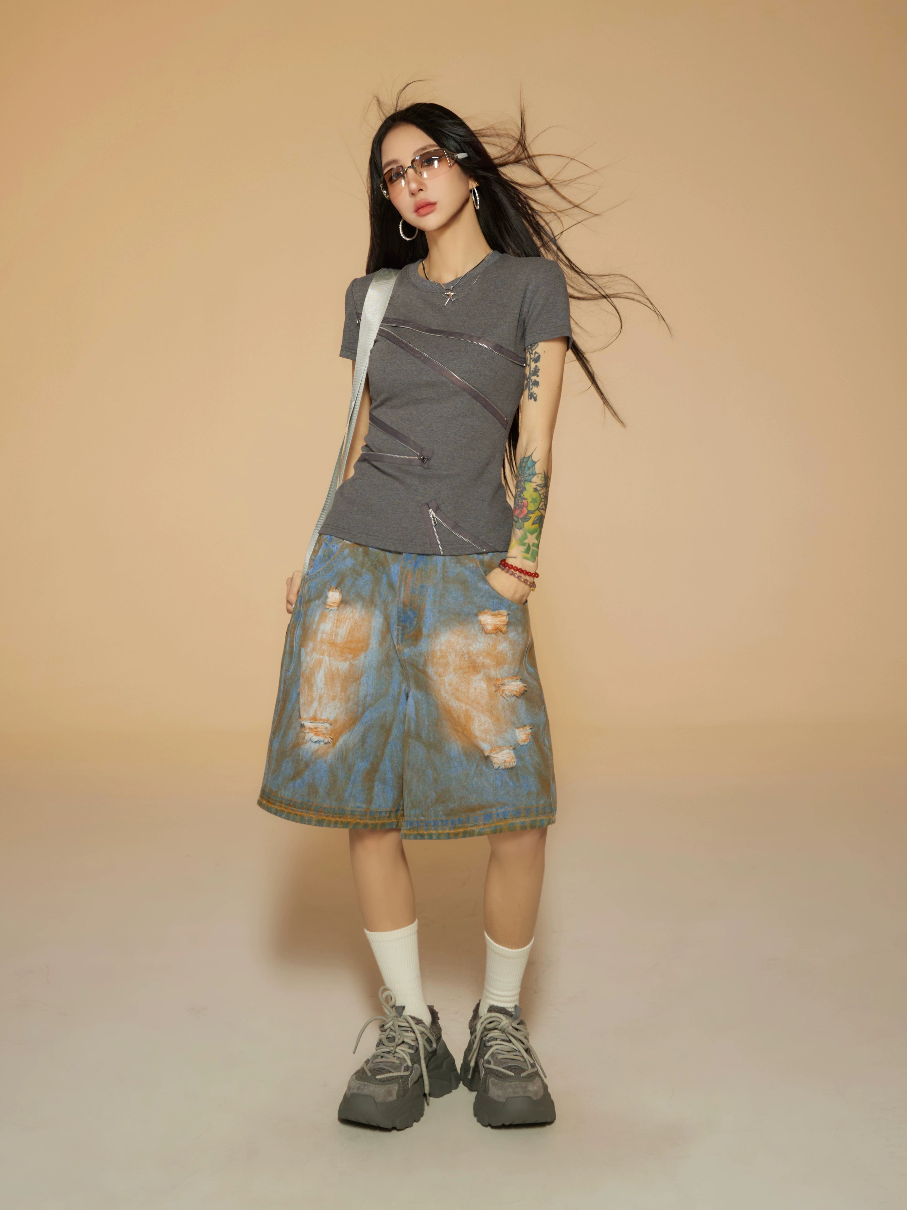 野生zerocircle复古蓝水洗低腰牛仔短裤女春小众显瘦宽松直筒裤子