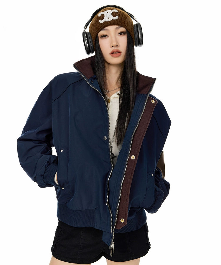 ICH MODE 美式复古撞色立领外套女2025新款秋冬工装夹克休闲上衣