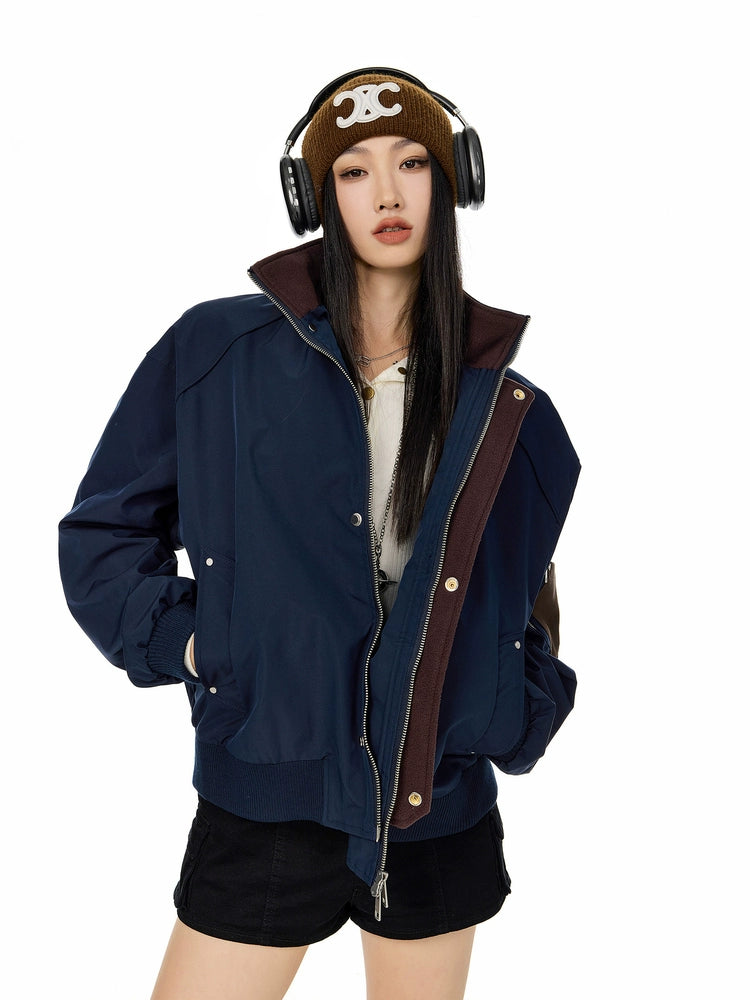 ICH MODE 美式复古撞色立领外套女2025新款秋冬工装夹克休闲上衣