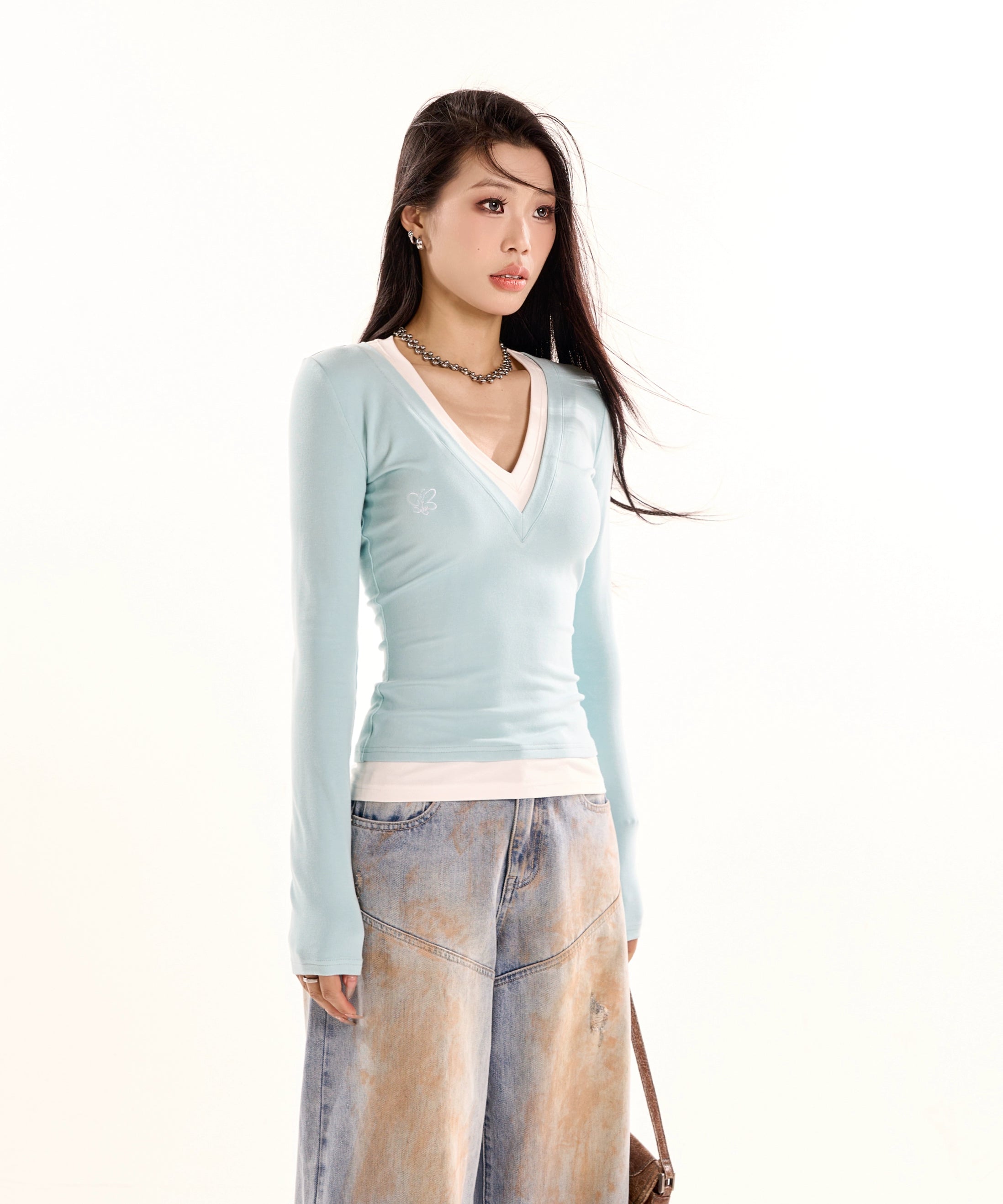 野生zerocircle 粉蓝灰色假两件针织衫女春秋韩系修身显瘦v领上衣