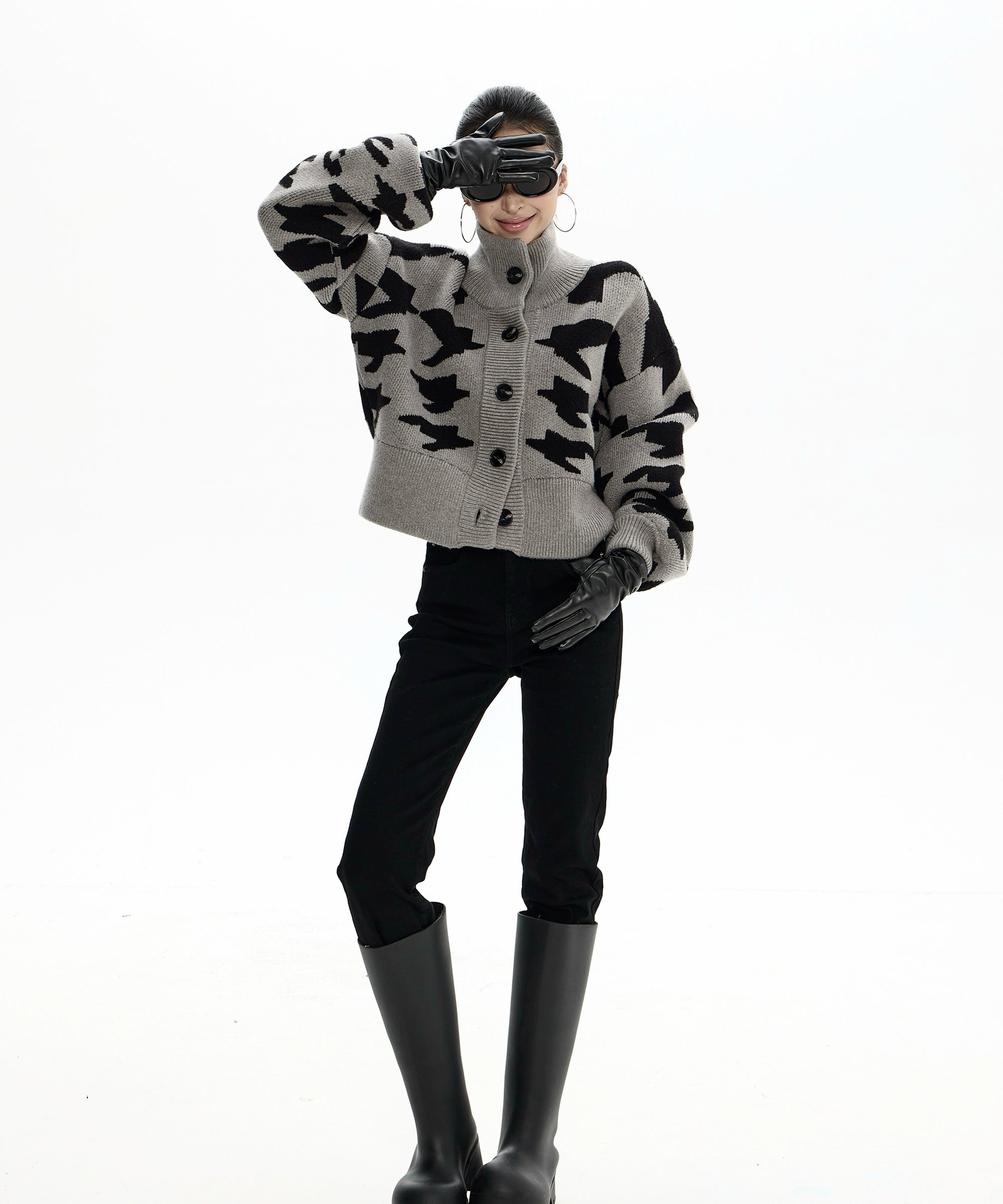 野生zero千鸟格短款开衫毛衣女秋冬2025新款美式复古立领上衣外套