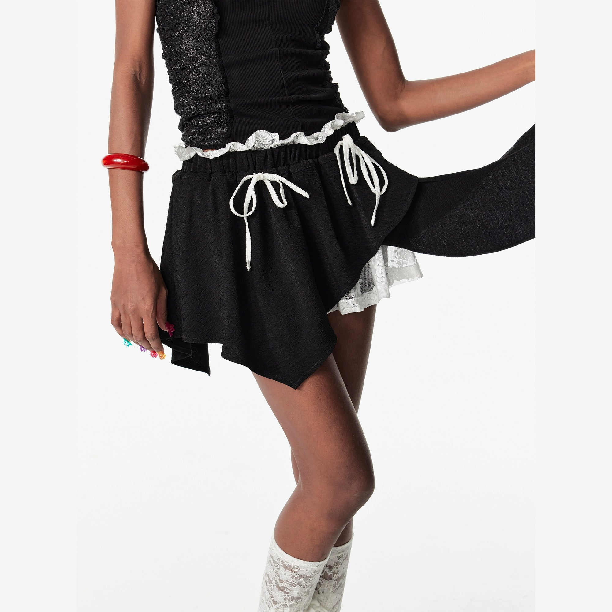 2th Desire芭蕾风少女蛋糕裙不规则撞色蕾丝花边抽绳短裙半身裙女