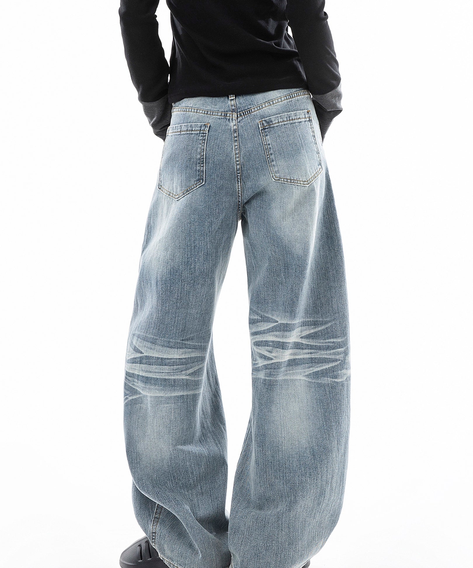 ICH MODE 美式复古小刺绣牛仔裤女宽松直筒裤阔腿弯刀裤休闲裤子