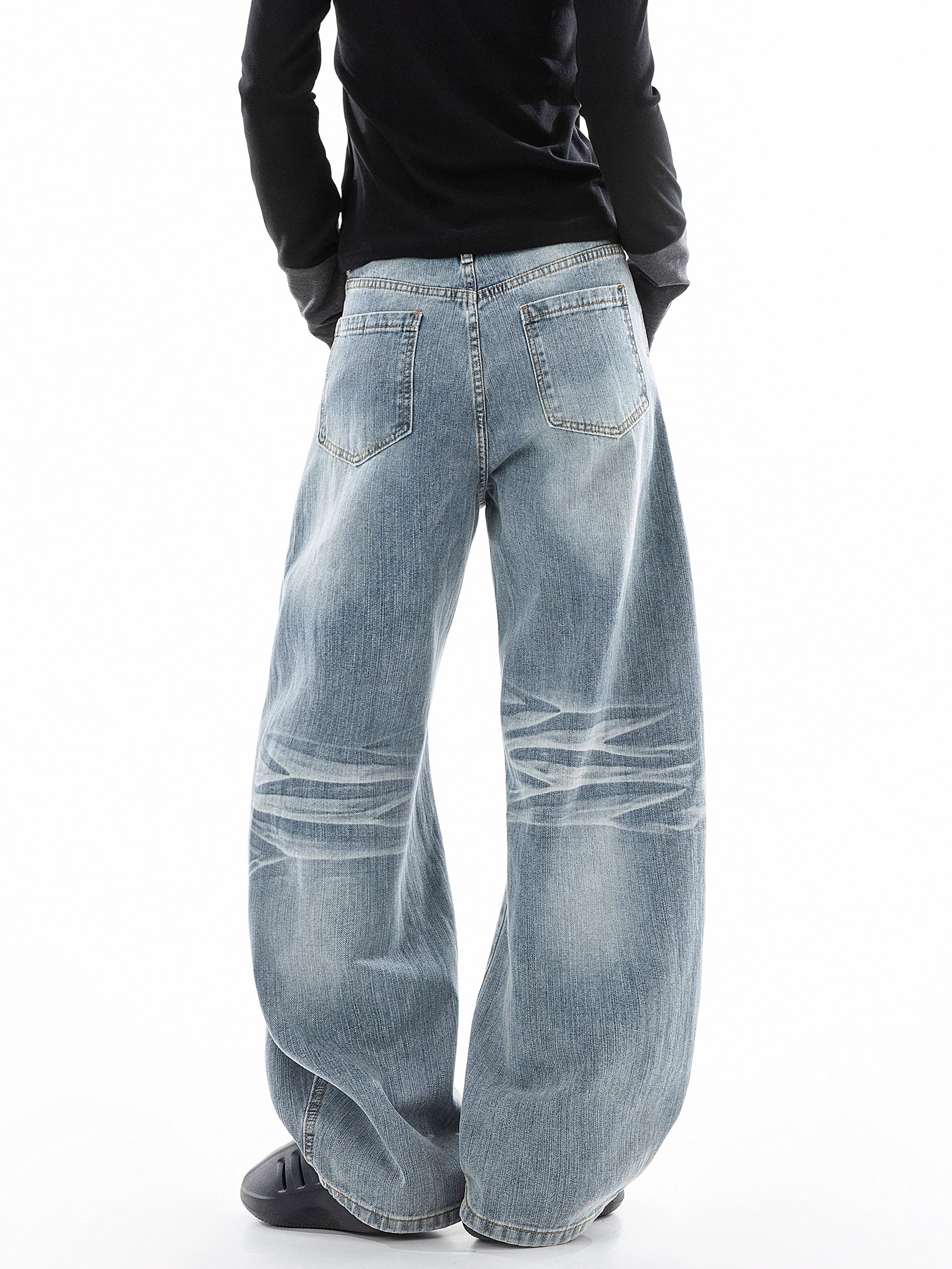 ICH MODE 美式复古小刺绣牛仔裤女宽松直筒裤阔腿弯刀裤休闲裤子