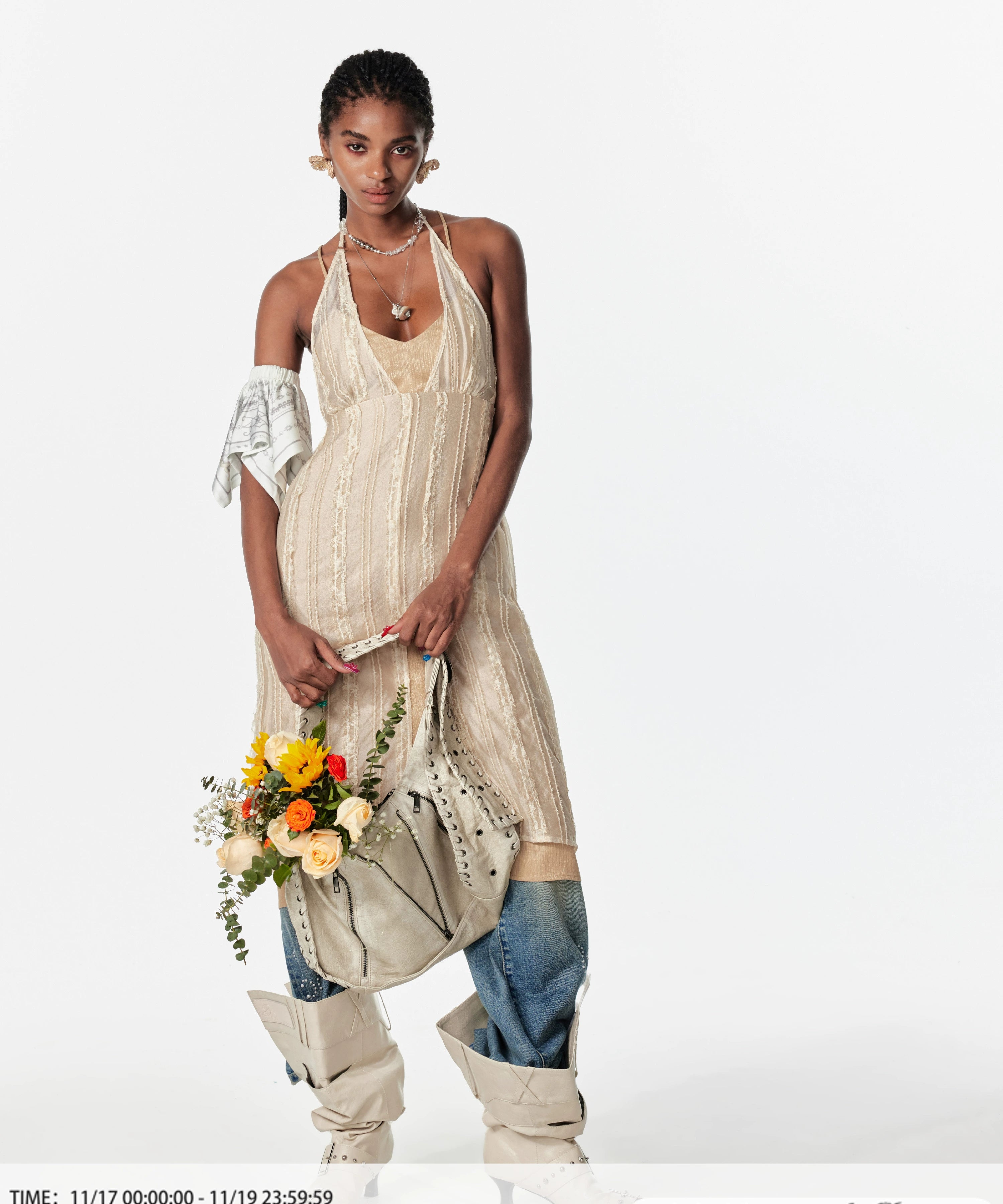 2th Desire假两件双层银丝花边绑带无袖露背度假风吊带裙连衣裙女