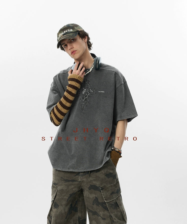 【荆棘系列】JHYQ275g复古水洗做旧圆领短袖t恤男美式宽松潮上衣