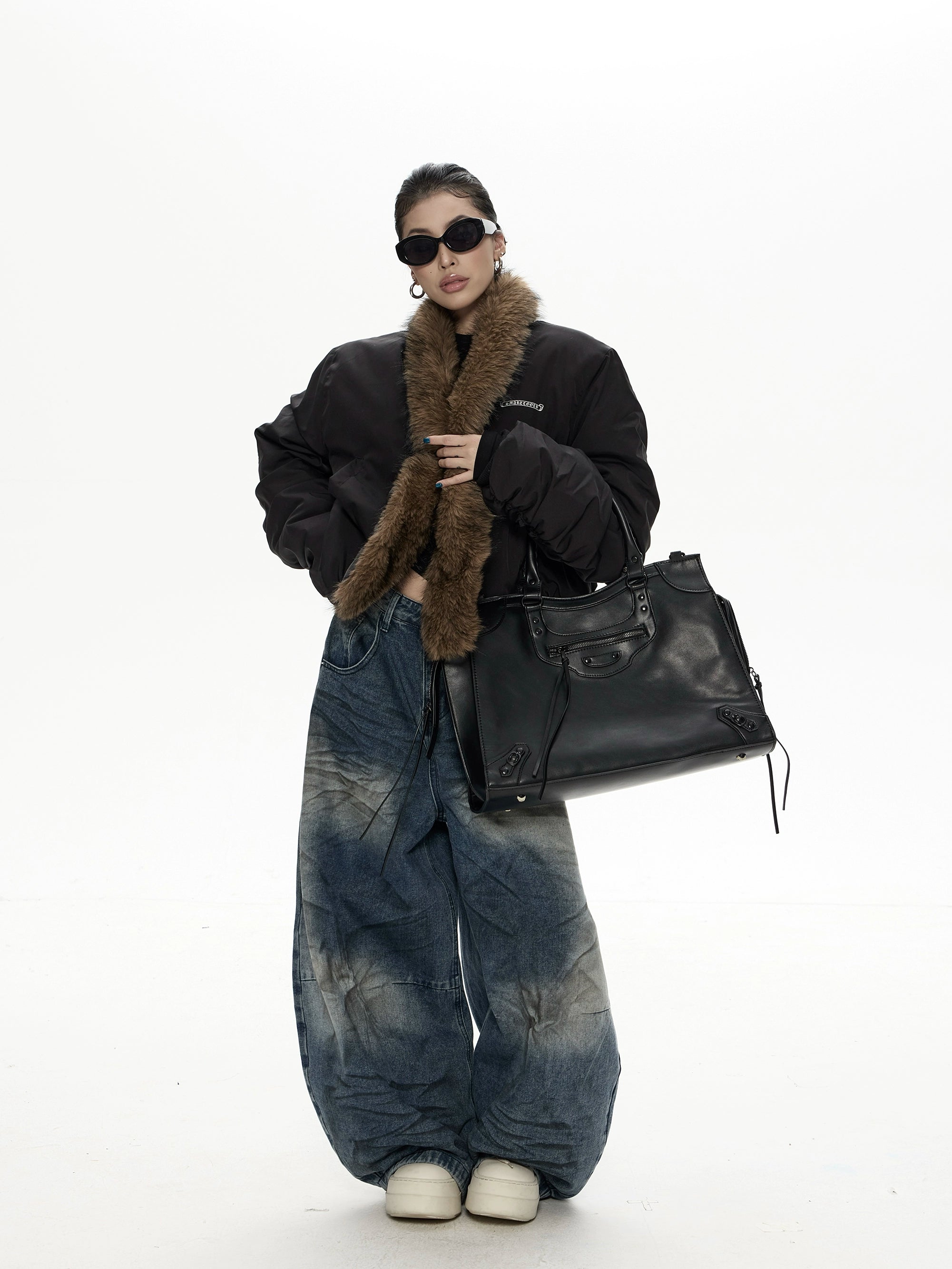 野生zero带毛领宽松加厚棉服女秋冬新款美式复古宽松开衫棉衣外套