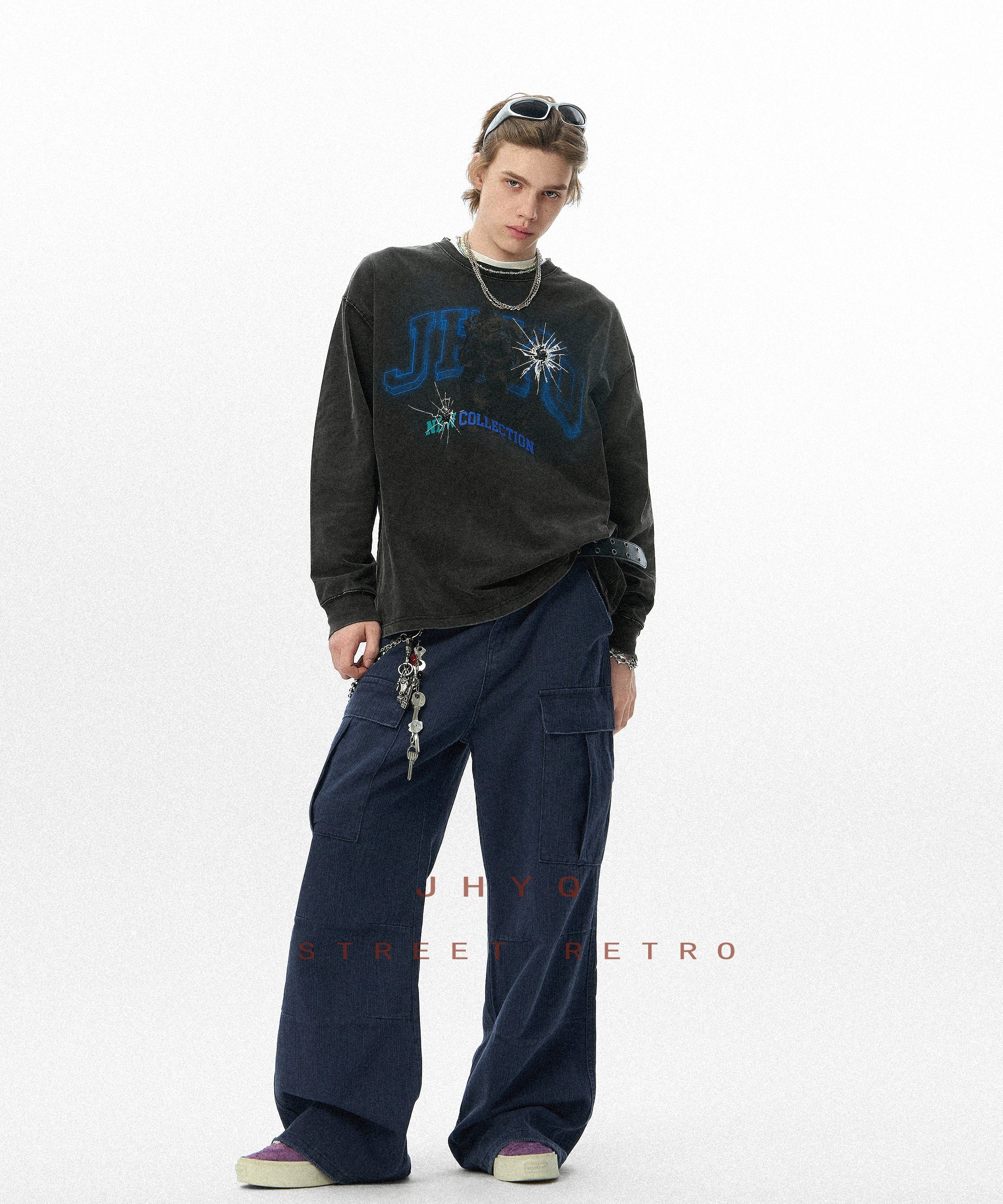 法斗犬丨JHYQ美式复古秋季水洗重磅320G长袖T恤男情侣印花卫衣衫